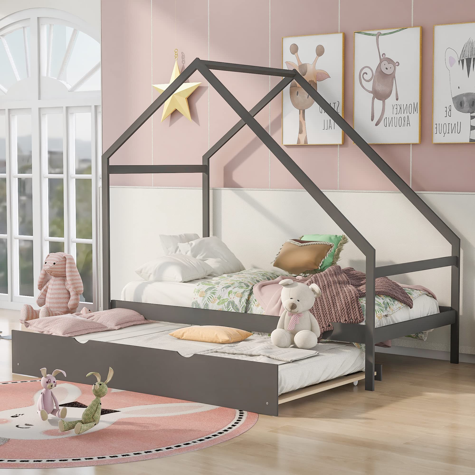 Wooden Twin Size House Bed with Trundle - Daybed Frame with Roof for Kids & Teens (Girls/Boys), No Box Spring Needed, Gray - Perfect for Bedrooms, Playrooms & Cozy Reading Nooks
