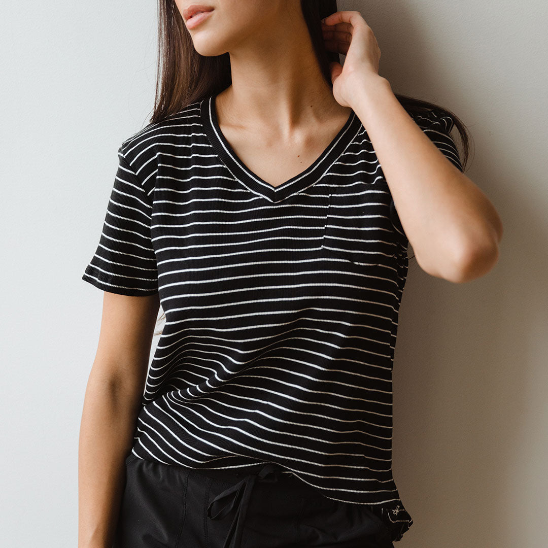 Chunky Black and White Striped V-Neck T-Shirt for Women - Soft Basic Tee for Casual Wear, Layering & Everyday Outfits