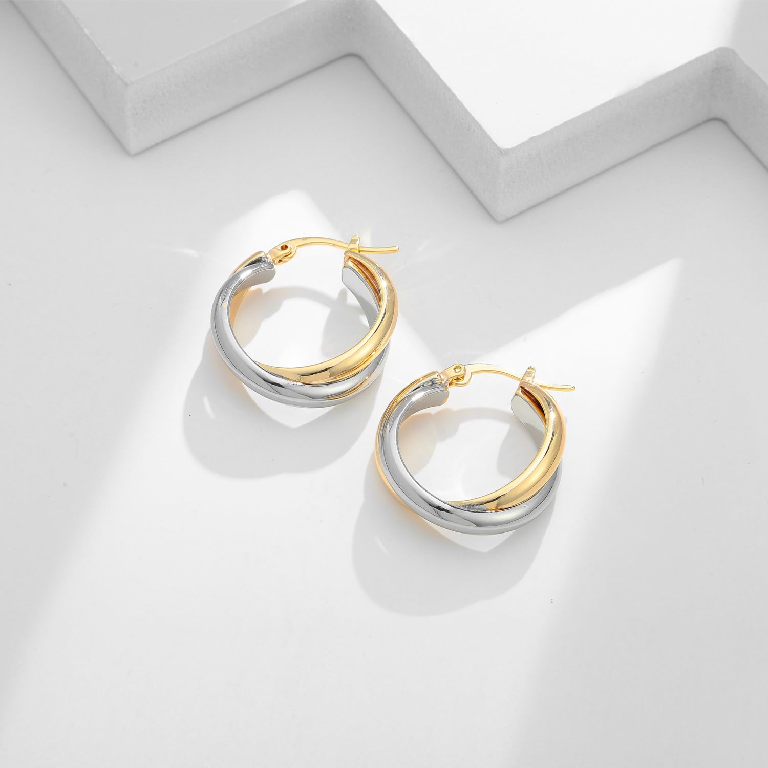 Two Tone Hoop Earrings for Women - Gold & Silver Three Circle Chunky Hoop Earrings with Knot Design, Fashion Jewelry Gift for Birthday, Party & Everyday Wear
