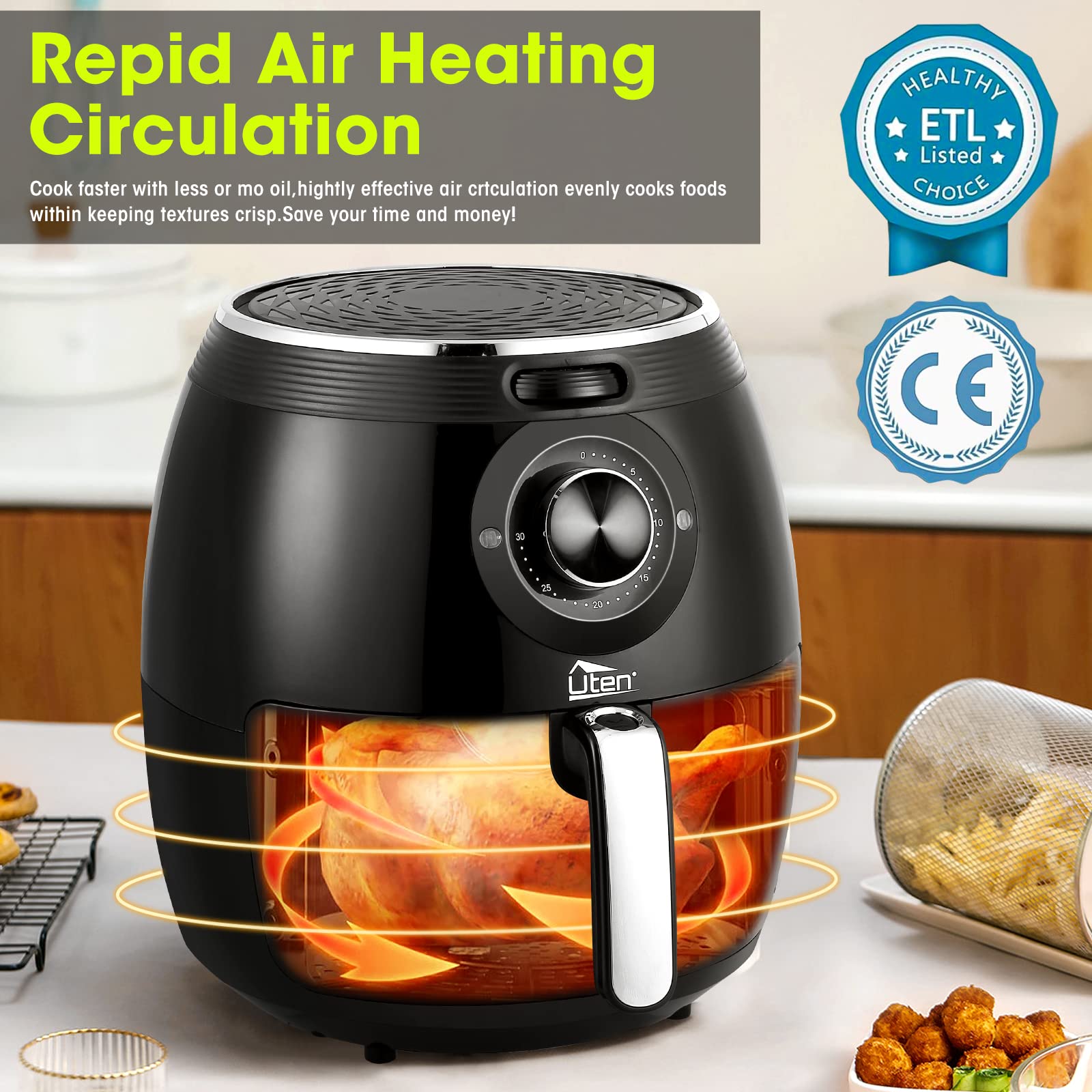 5.8QT/1700W Air Fryer with Temperature Control & Timer - Nonstick Basket, Dishwasher Safe - Perfect for Parties, Family Dinners & Healthy Cooking (Black)