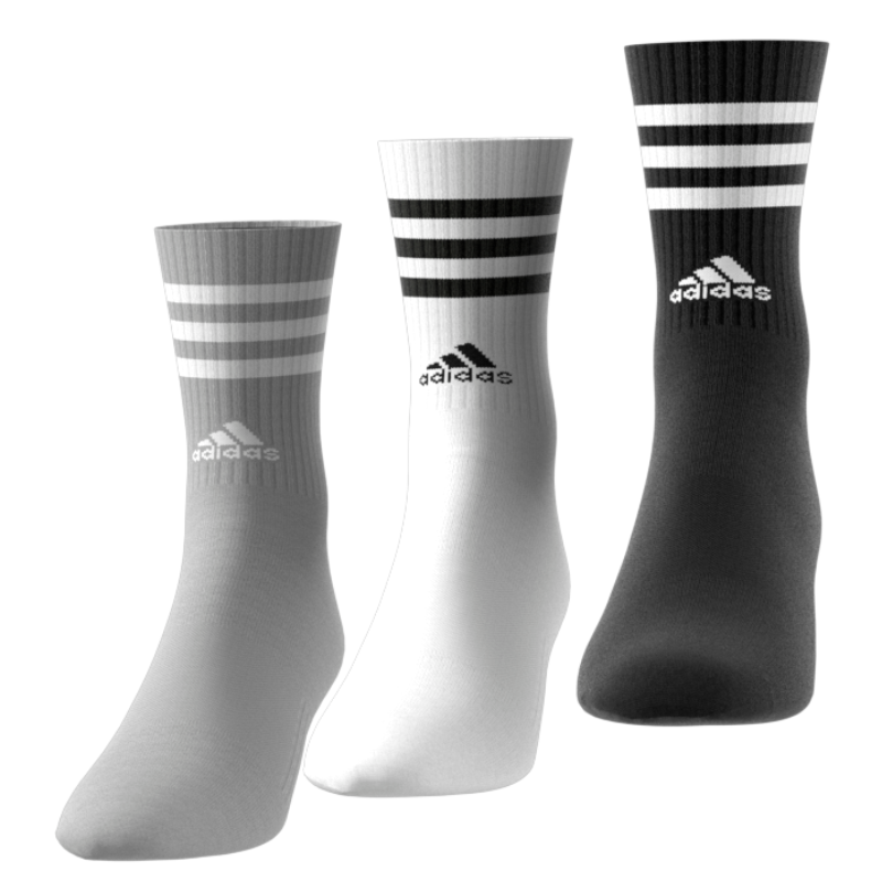 Adidas 3 Stripes Cushioned Crew Socks 3-Pack - White, Black & Grey Athletic Socks for Men & Women - Comfortable Sports Socks for Running, Gym & Everyday Wear