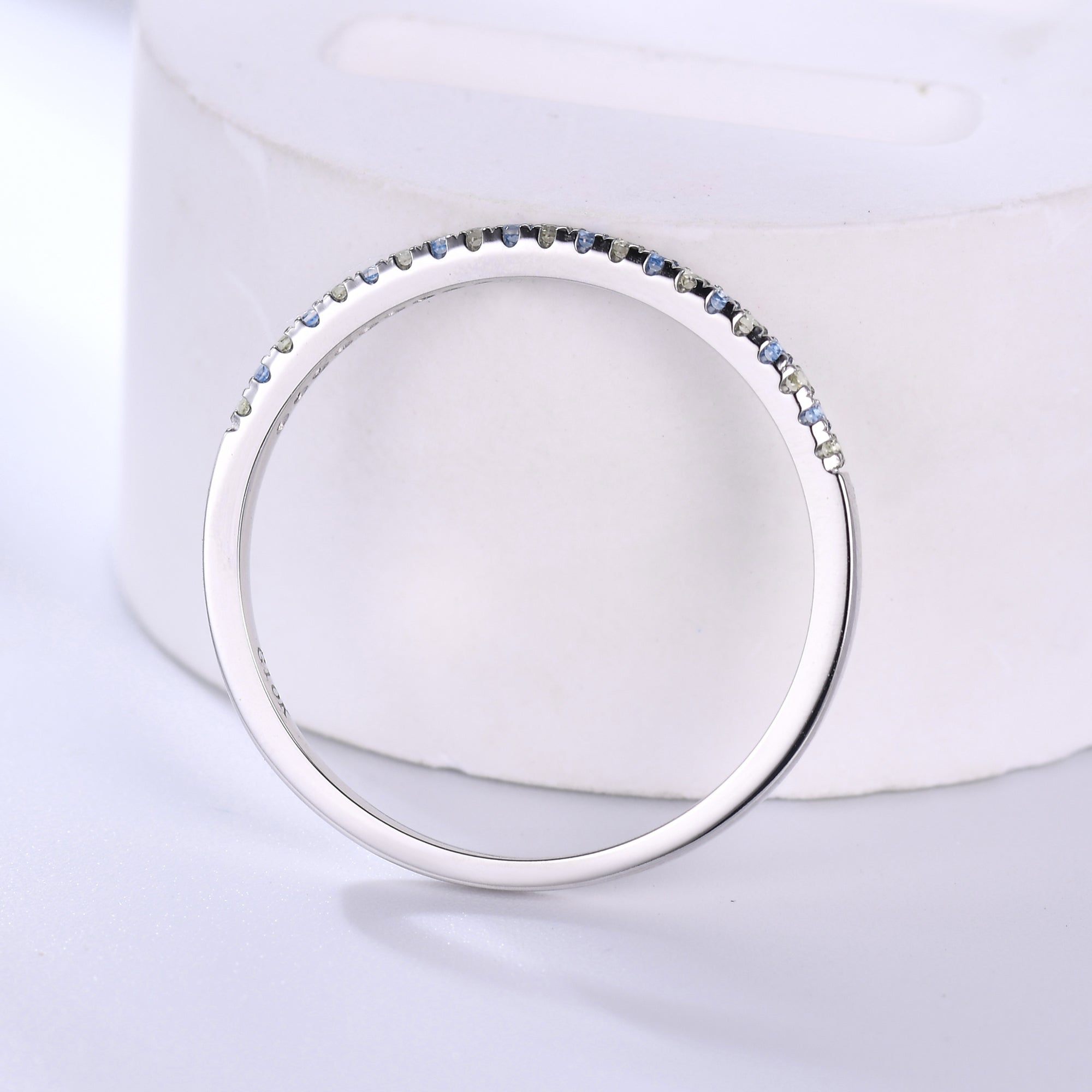 Petite Topaz Peridot White Gold Half Eternity Wedding Band Pave Stacking Ring for Women - Dainty Stackable Engagement Ring, Anniversary Gift for Her - Perfect for Bridal Jewelry, Everyday Wear & Special Occasions