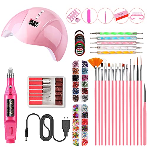 Professional Nail Art Kit with USB Nail Dryer - 15pcs Nail Brushes, 5pcs Dotting Pens, 10 Rolls Striping Tape, 2 Box Decorations & 5 Manicure Tools - Perfect for Home Salon, DIY Nail Design & Professional Use