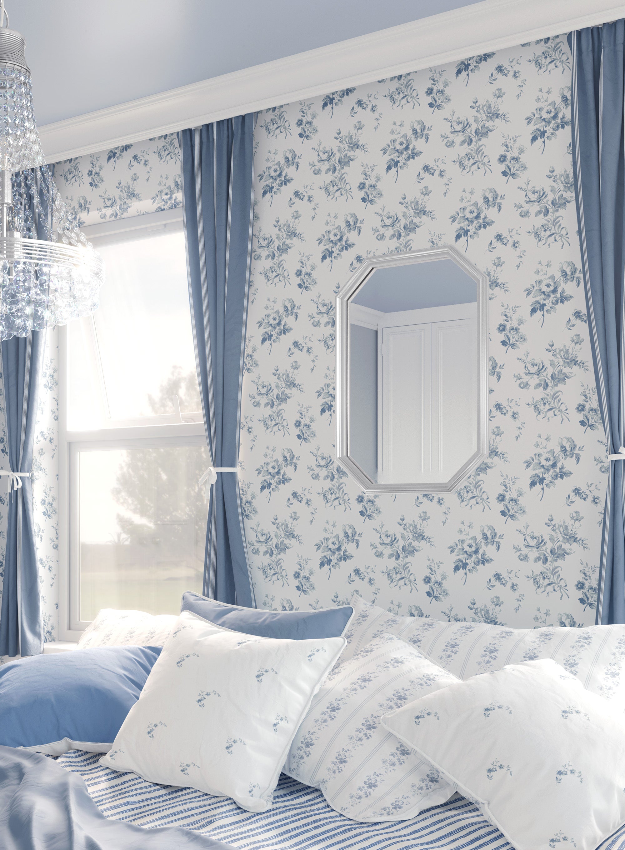 Adelaine Wallpaper Loire Blue - Premium Self-Adhesive Peel and Stick Wallpaper for Bedroom, Living Room, and Office Decor