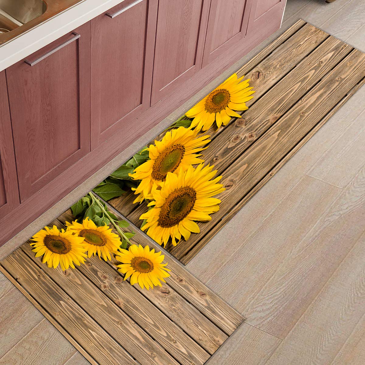 Farmhouse Sunflower Kitchen Rugs Set of 2 - Non-Slip Washable Anti-Fatigue Mats for Kitchen, Bathroom & Living Room (19.7x31.5in + 19.7x63in) | Rustic Decor, Absorbent Doormat for Home, Bedroom & Entryway - Perfect for Farmhouse Style & High Traffic Areas