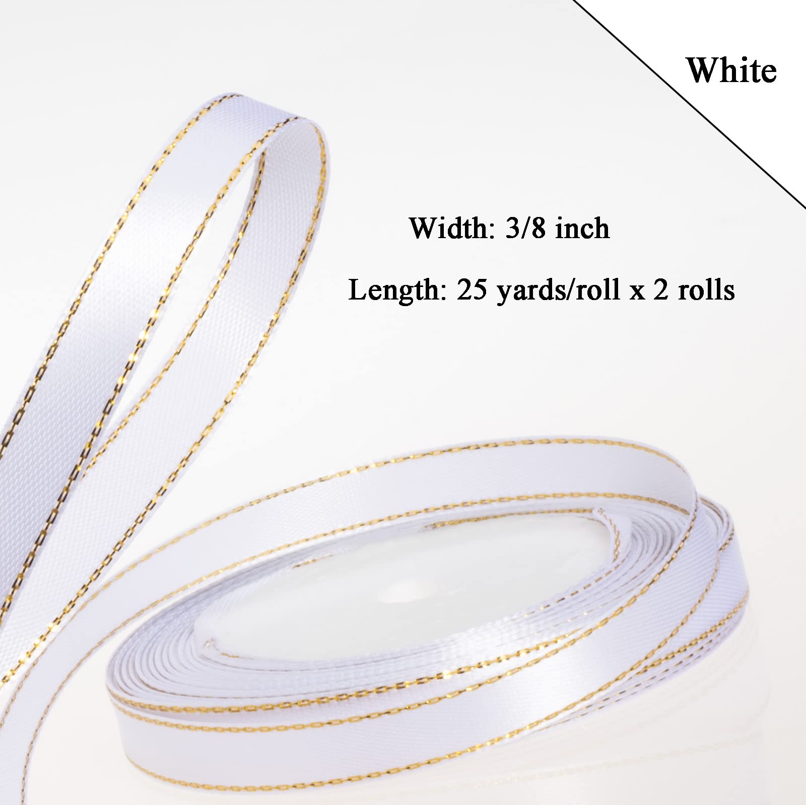 50 Yards 3/8 Inch White Satin Ribbon with Gold Edges - Premium Gold Border Fabric Ribbon for Gift Wrapping, DIY Crafts, Wedding Decorations & Party Favors - Perfect for Holiday Gifts, Scrapbooking & Home Decoration Projects