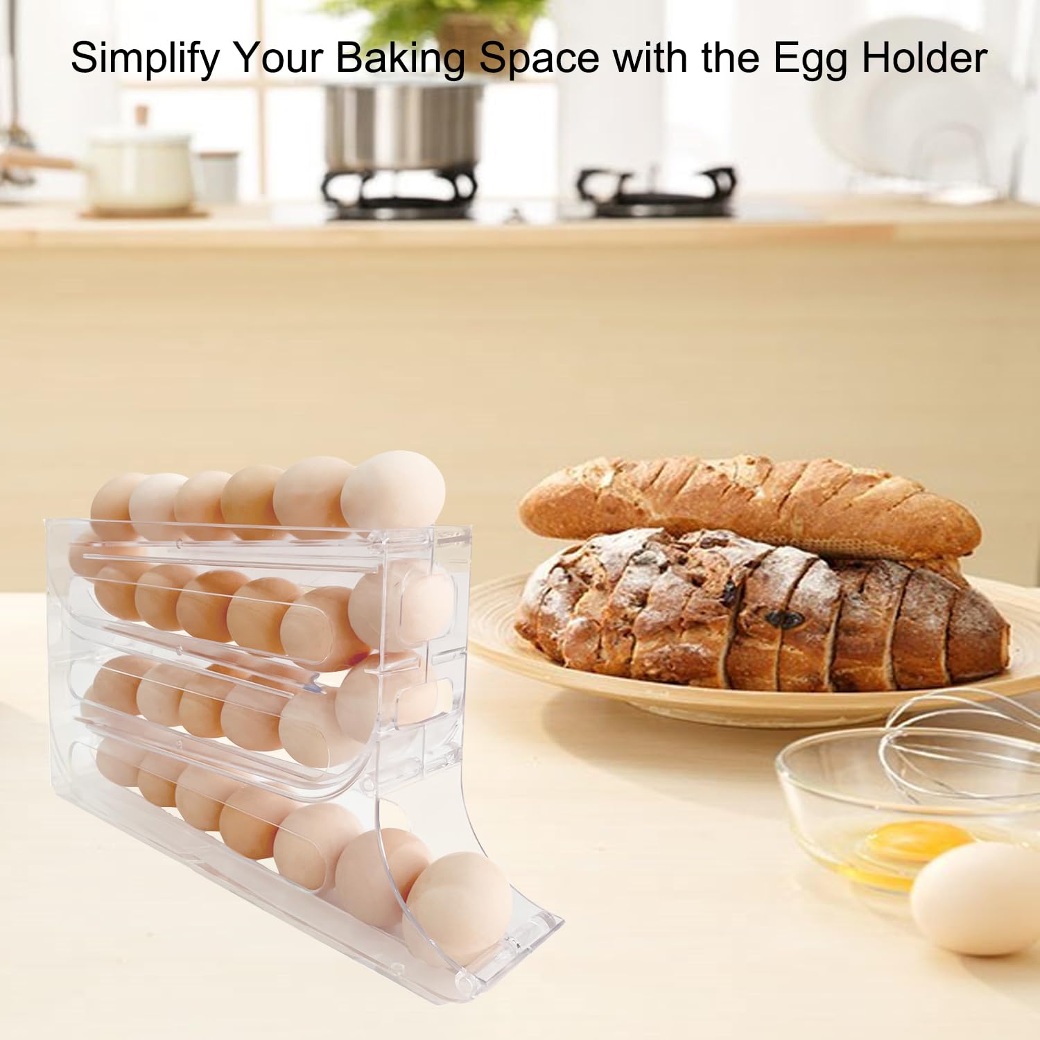 4-Layer Auto Rolling Egg Holder for Refrigerator - Transparent Space-Saving Egg Dispenser Storage Tray (Holds 30 Eggs) - Perfect for Kitchen Cabinets, Tables, Restaurants & Home Organization