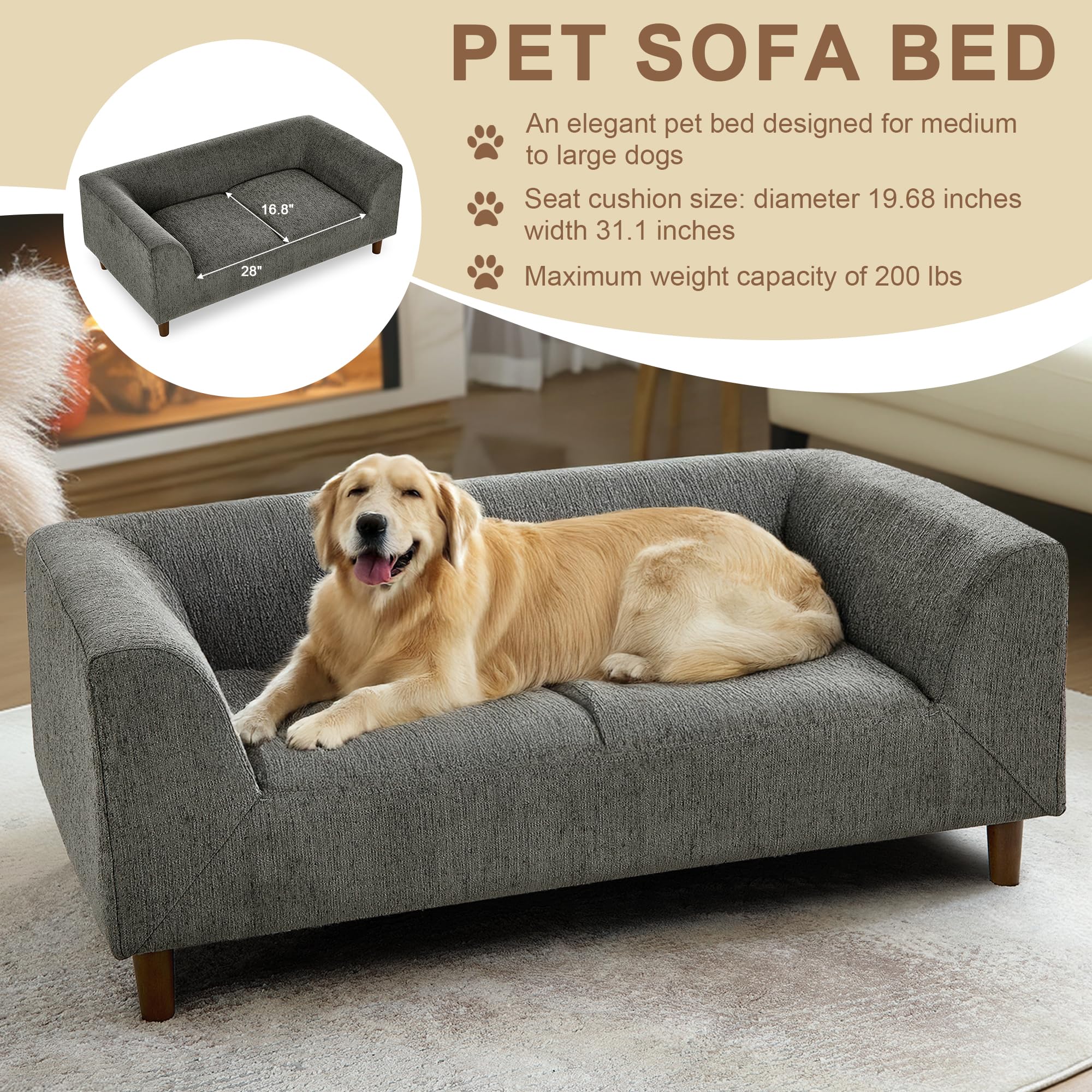 Memory Foam Dog Sofa Bed for Large Dogs Up to 60 lbs - Medium Size Pet Couch with Sturdy Legs, Dark Grey (39.75 Inch) - Perfect for Living Room, Bedroom & Pet-Friendly Spaces