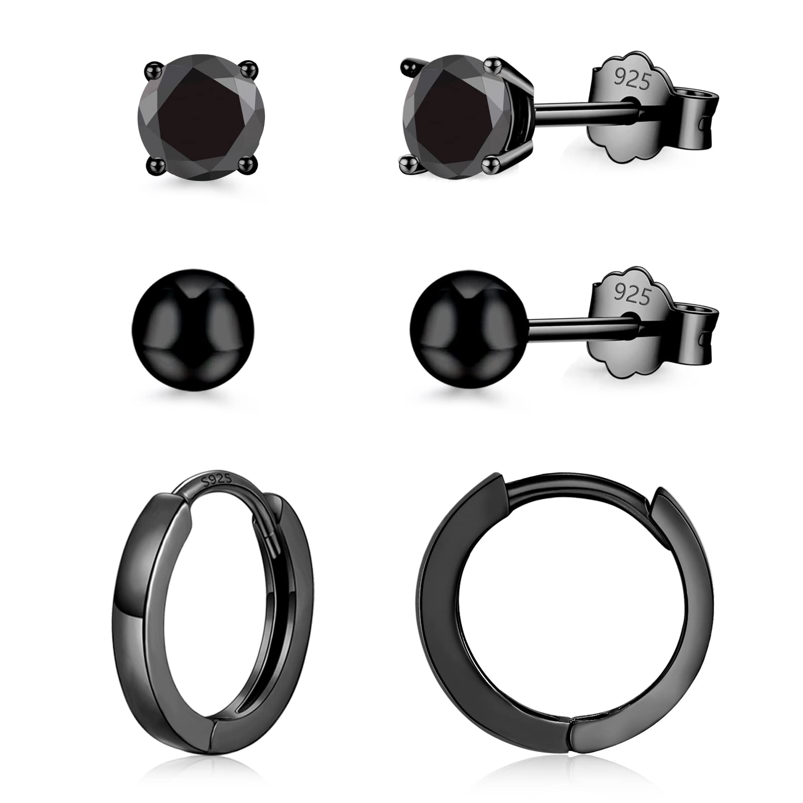 Sterling Silver Stud Earrings for Women & Men - 3 Piece Cubic Zirconia Ball Studs & Hoop Earrings Set | Small Gold Black Hoop Earrings, Tiny Cartilage Sleepers | Unisex Jewelry Gift for Everyday Wear, Parties & Special Occasions
