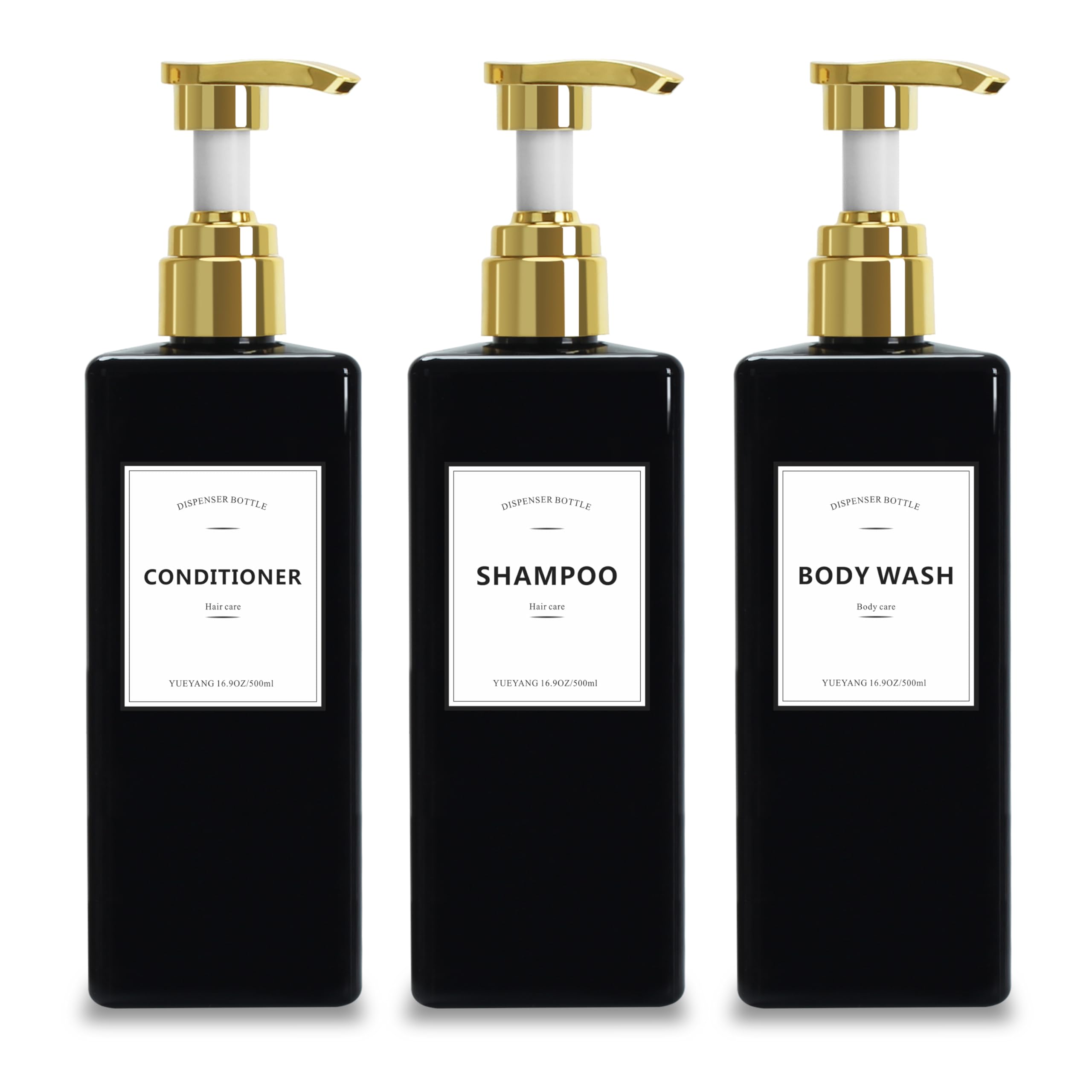 16.9OZ Refillable Black Shower Bottles with Gold Pump - Pack of 3 Empty Plastic Dispensers for Body Wash & Oil | Luxury Bathroom Organizer for Spa, Hotel, or Home Use