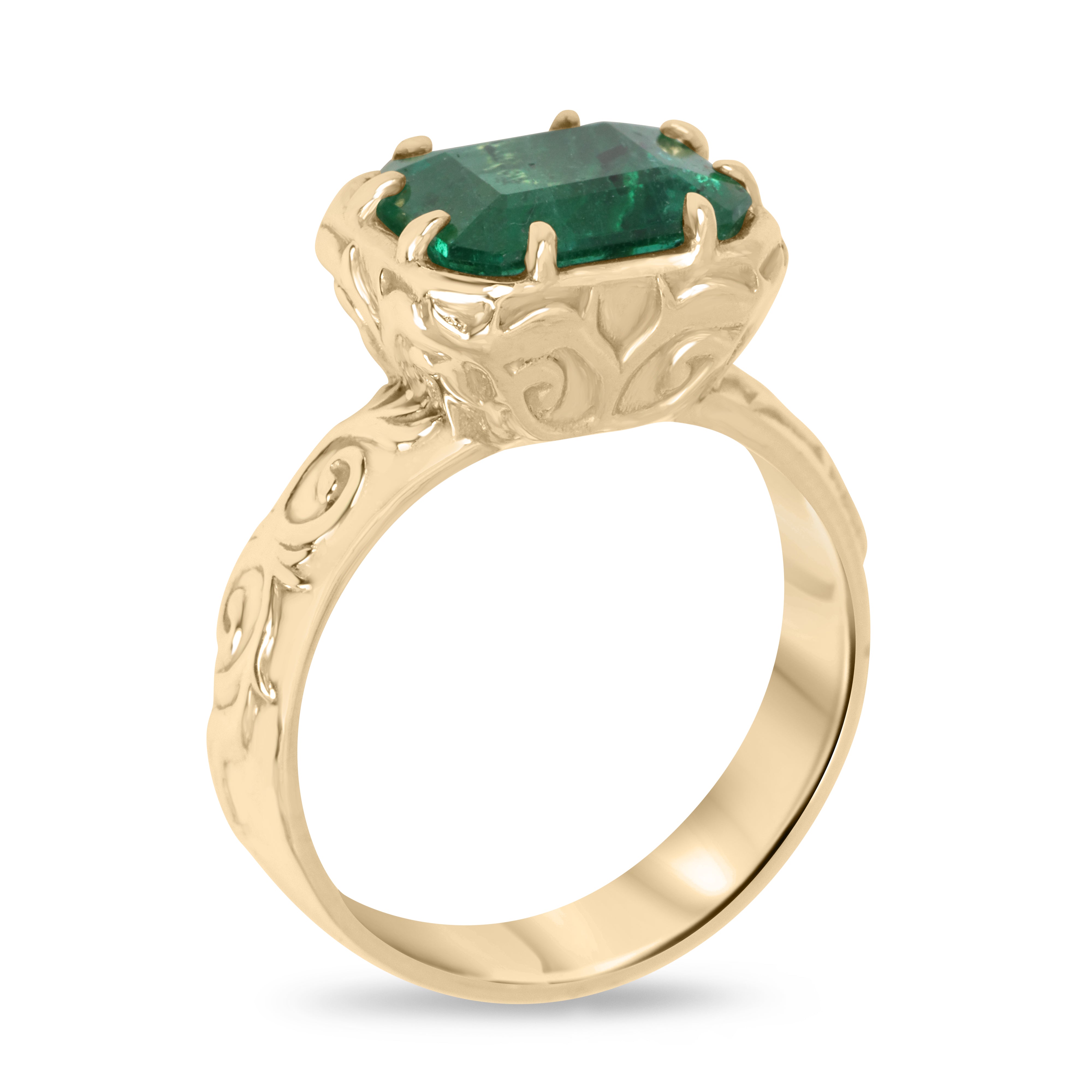 3.65ct 14K Gold East-West Emerald Solitaire Ring with Scroll Engraving – Earth-Mined Natural Gemstone for Engagement, Anniversary & Special Occasions