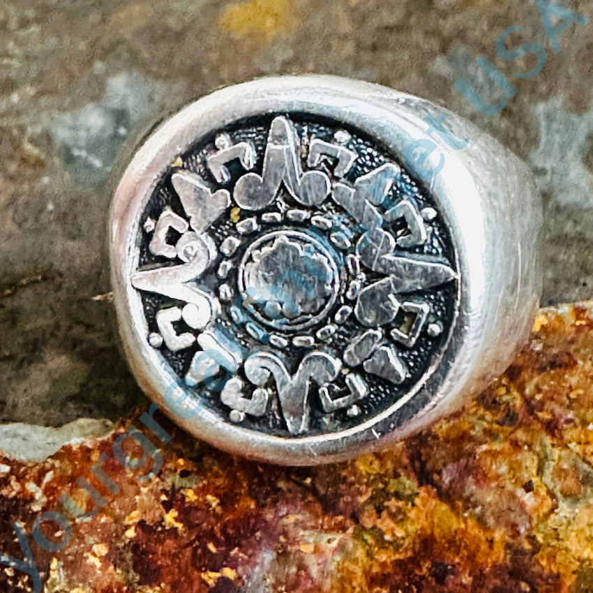 Vintage Mexican Aztec Calendar Sterling Silver Signet Ring - Size 7.75 - Unique Handmade Jewelry for Men & Women - Perfect for Cultural Fashion, Gift Giving & Spiritual Symbolism