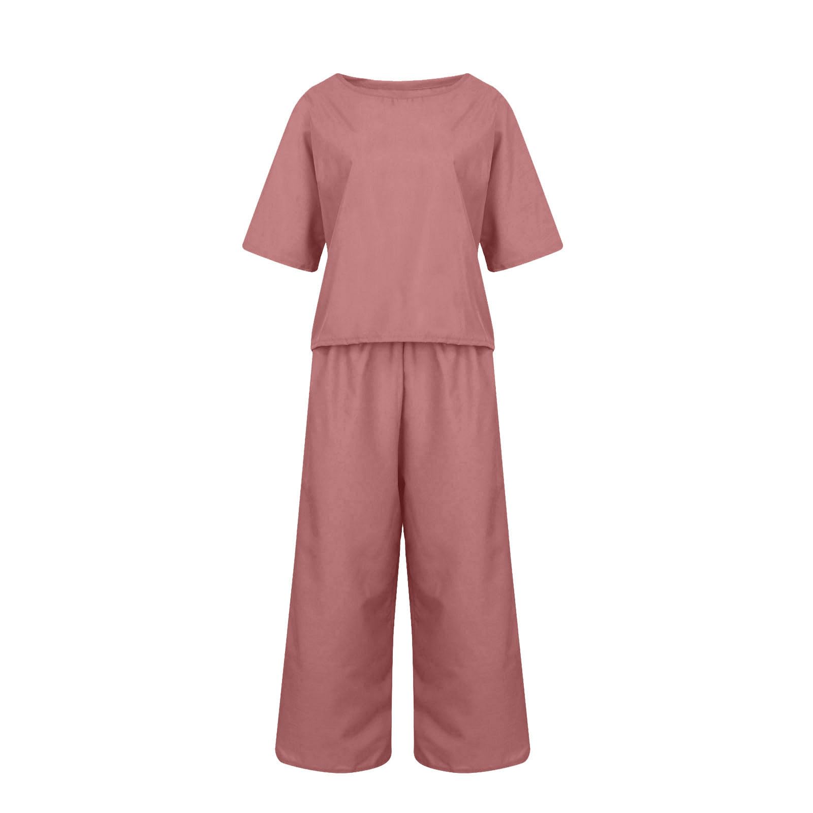 Rkwins Women's 2-Piece Linen Outfit Set - Summer Casual Short Sleeve Top & Wide Leg Pants Jogger Set | Breathable Comfort for Beach, Travel & Lounge Wear