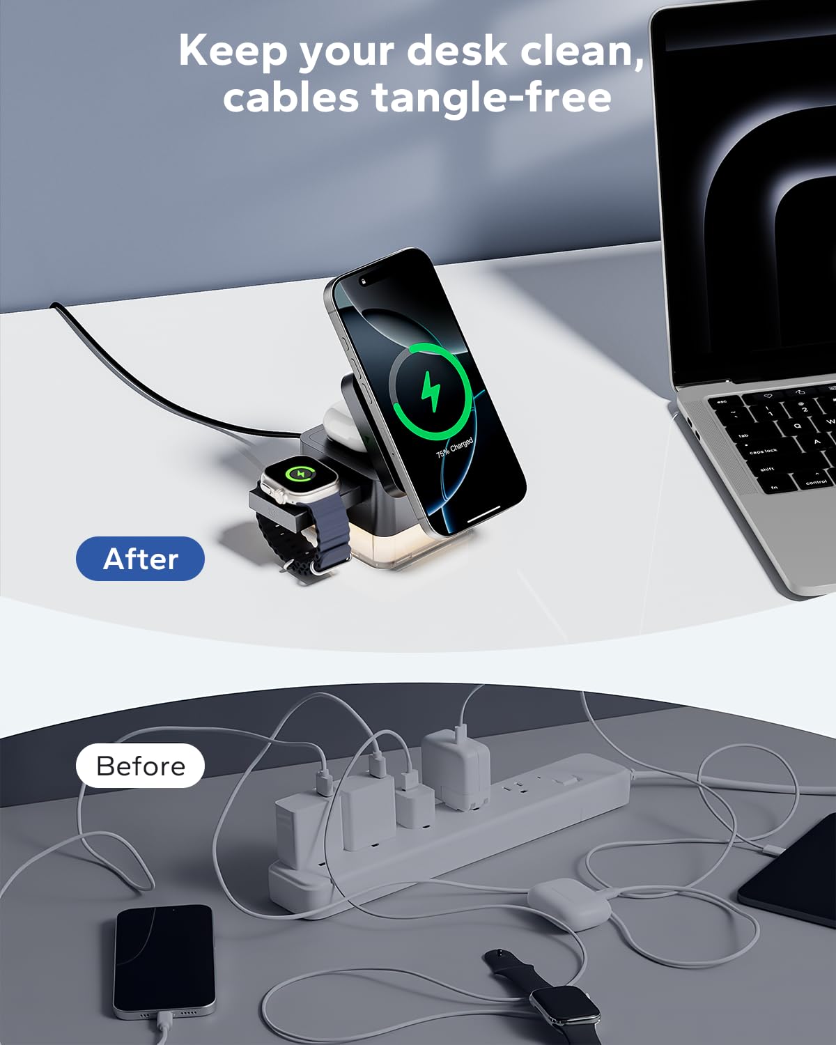 KPON 15W 3-in-1 Wireless Charging Station for iPhone 16/15/14/13/12 Series, Apple Watch & AirPods - Foldable Travel Nightstand Dock with Night Light - Compatible with Samsung Phones | Perfect for Bedroom, Office & Travel Use