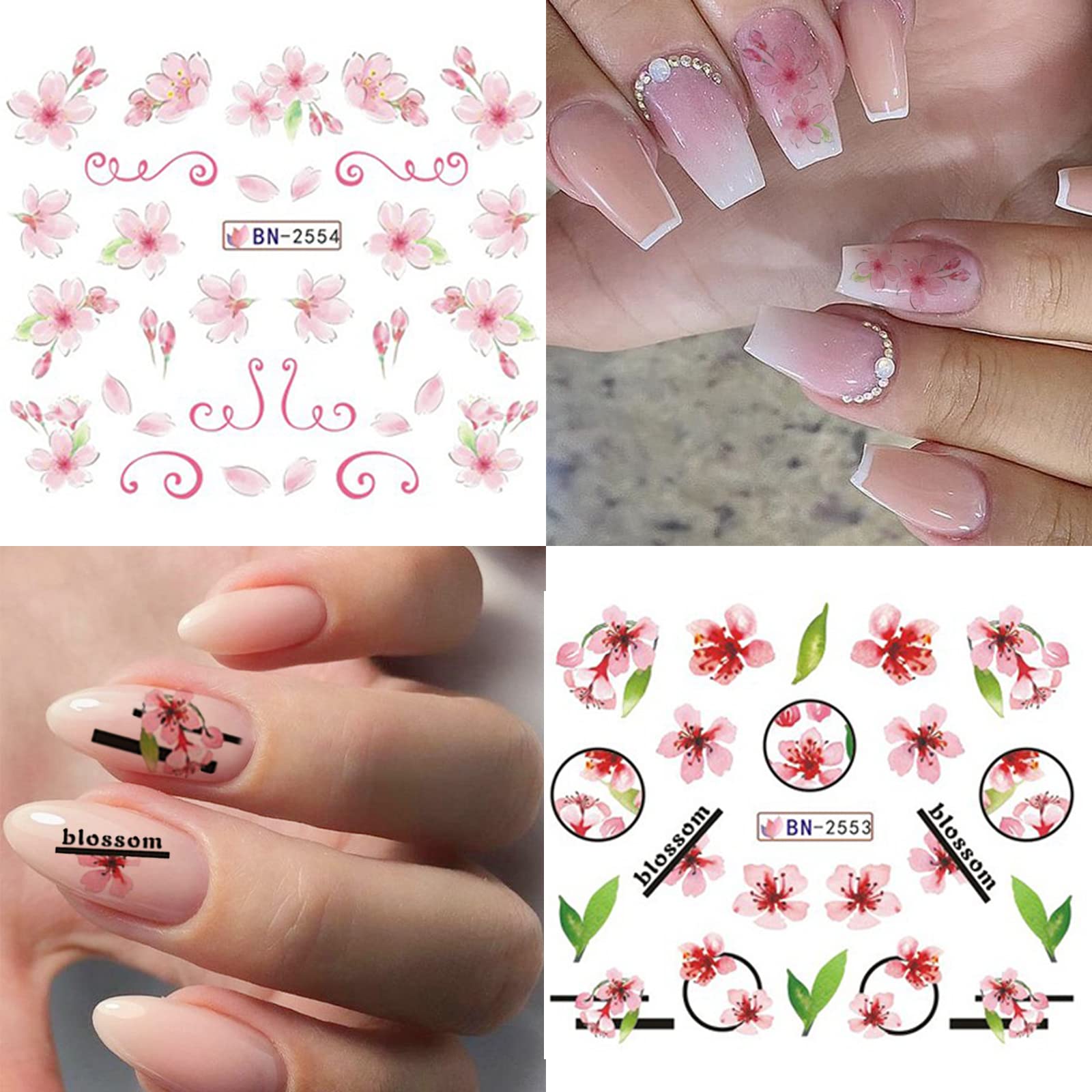 12 Sheets Spring Floral Nail Art Stickers - Pink Peach Blossom & Cherry Blossom Water Transfer Nail Decals for Women | DIY Nail Decorations for Parties, Weddings & Everyday Manicures