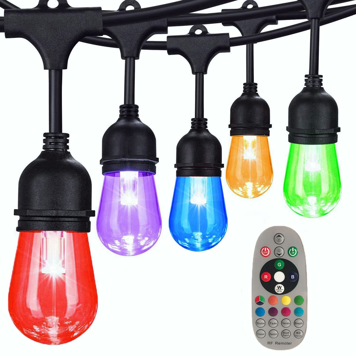 48FT Outdoor String Lights - Commercial Grade Color Changing LED with Music Sync, Remote Control & 16 Shatterproof Edison Bulbs - Dimmable Patio Lights for Christmas, Holidays, Parties - Perfect for Backyard, Garden, Wedding, Restaurant Decor