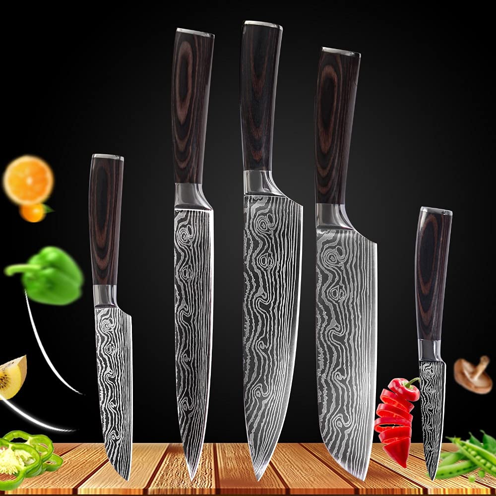 Premium Damascus Steel Japanese Chef Knife Set - 5-Piece Kitchen Knives with Santoku, Utility & Slicing Knives for Professional Cooking | Perfect for Home Chefs, Culinary Students & Restaurant Use (Color: 5 Pcs Set 02)
