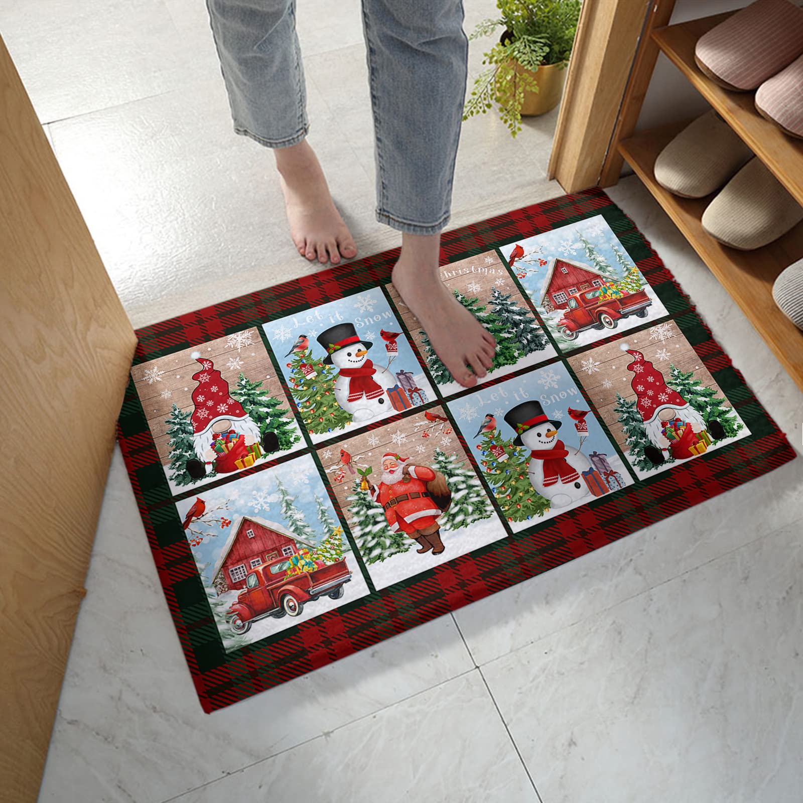 Christmas Gnome Santa Claus Snowman Plaid Bathroom Rug - Non-Slip Water Absorbent Microfiber Soft Plush Shaggy Bath Mat for Shower, Bathtub & Bedroom (20