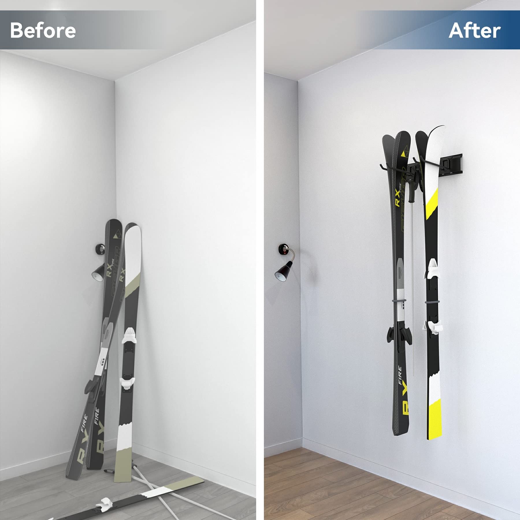 Heavy Duty Ski Wall Rack - Garage Storage Organization System for 2 Pairs of Skis & Snowboards - Wall Mount Hanger Holds Up to 100lbs - Perfect for Home, Shed & Garage Organization