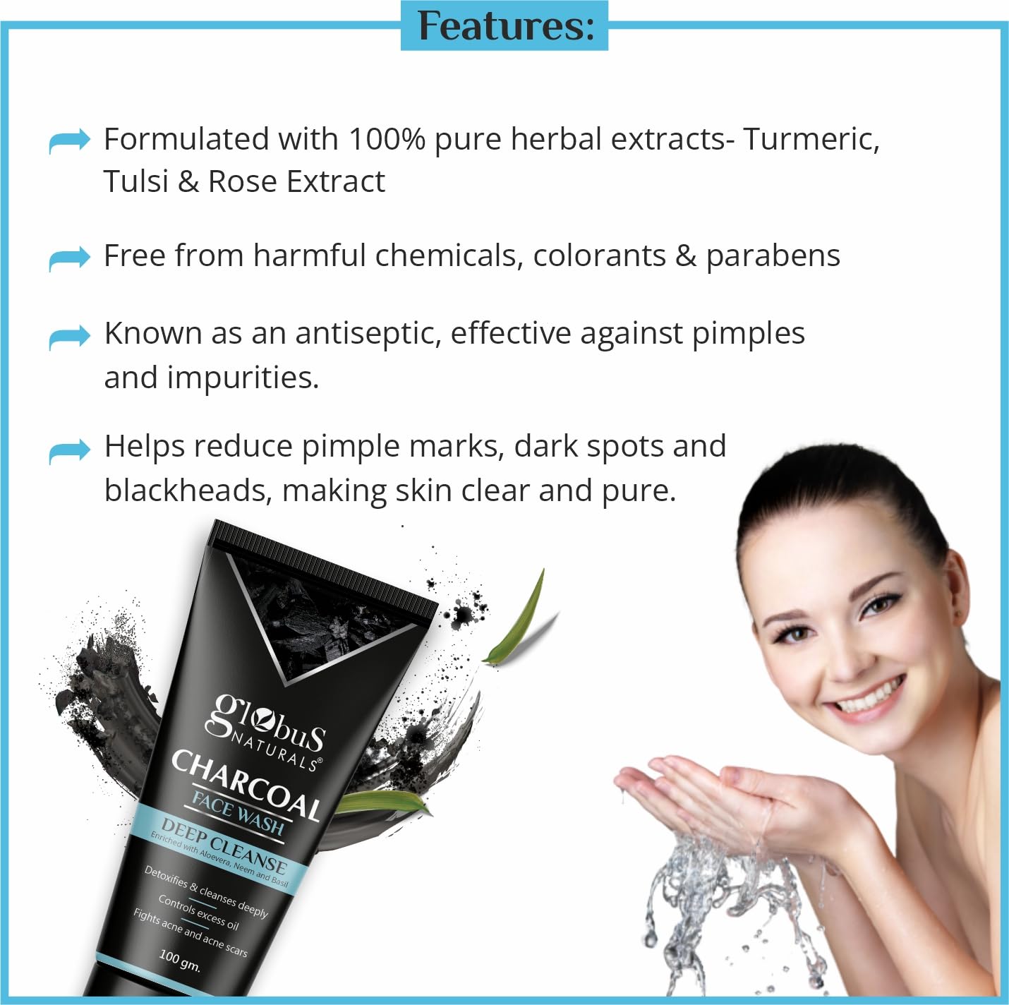 Globus Naturals Charcoal Face Wash with Tea Tree, Neem & Papaya - Deep Cleansing, Oil Control, Acne & Blackhead Treatment (100g) | Gentle Daily Cleanser for Oily & Acne-Prone Skin