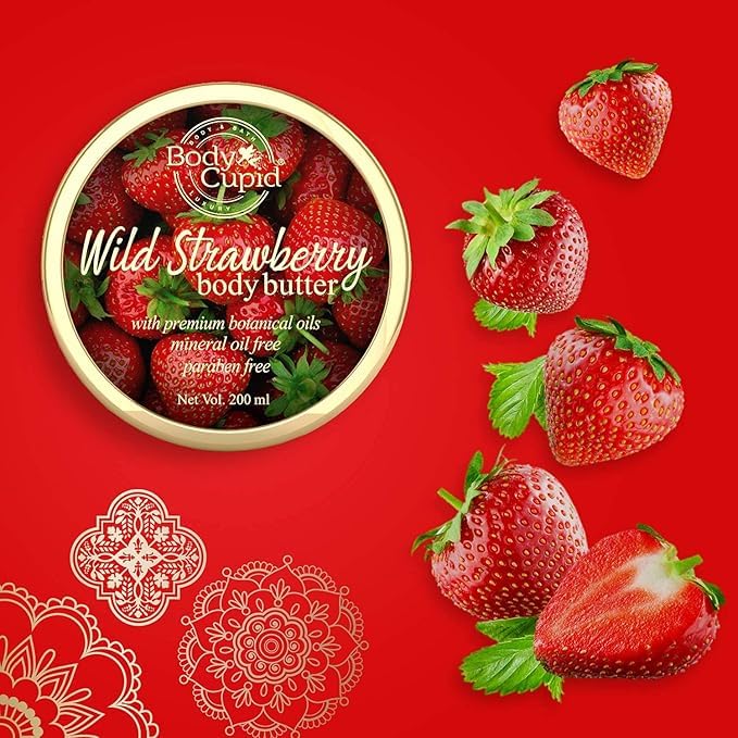 Organic Wild Strawberry Body Butter with Shea & Cocoa Butters - 200ml Deep Moisturizing Cream for Dry Skin - Perfect for Winter Care & Daily Hydration