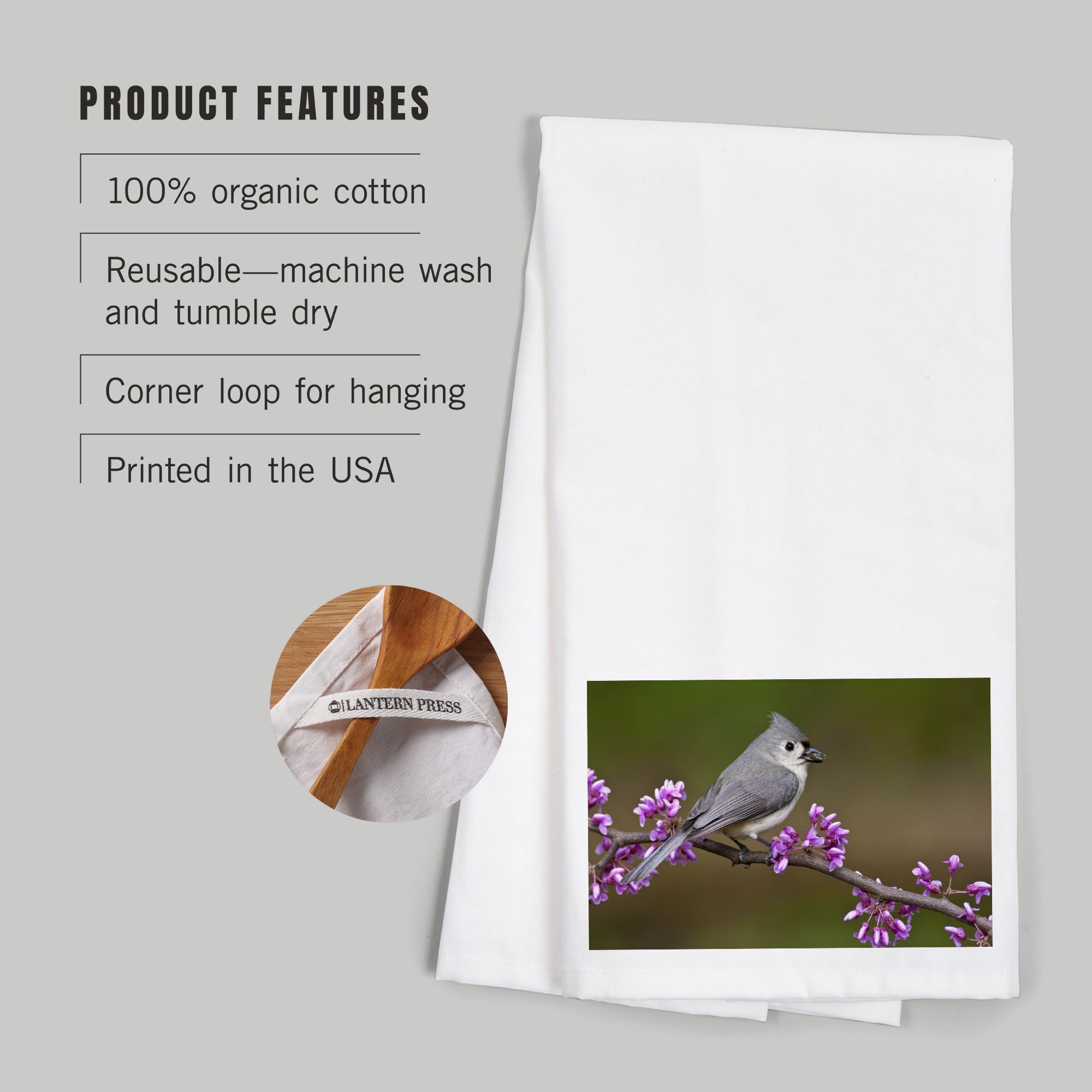 Lantern Press Tufted Titmouse Sitting on Branch - 100% Cotton Tea Towel & Decorative Hand Towel for Kitchen, Bathroom & Home Decor | Perfect for Dish Drying, Gift Giving & Farmhouse Style Decor