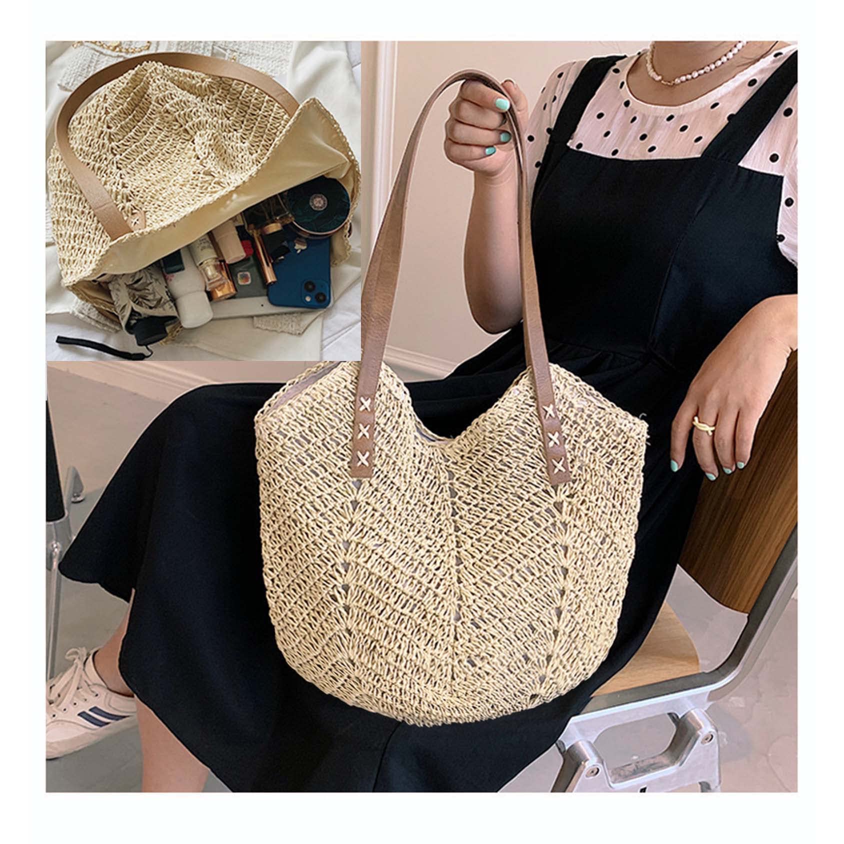 Women's Straw Beach Tote Bag with Zipper - Large Woven Summer Purse for Vacation & Travel