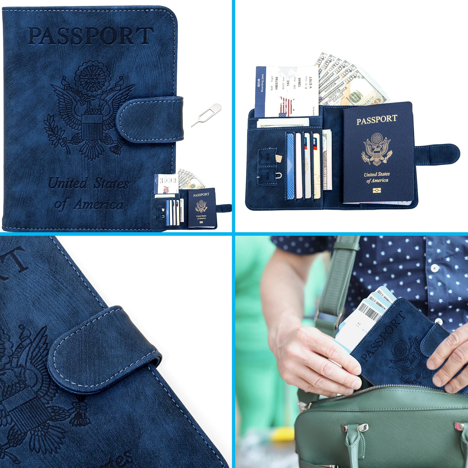 RFID Blocking Passport Holder Cover Wallet for Travel - Navy Blue Travel Essentials for Women & Men - Perfect for Airports, Vacations & Business Trips