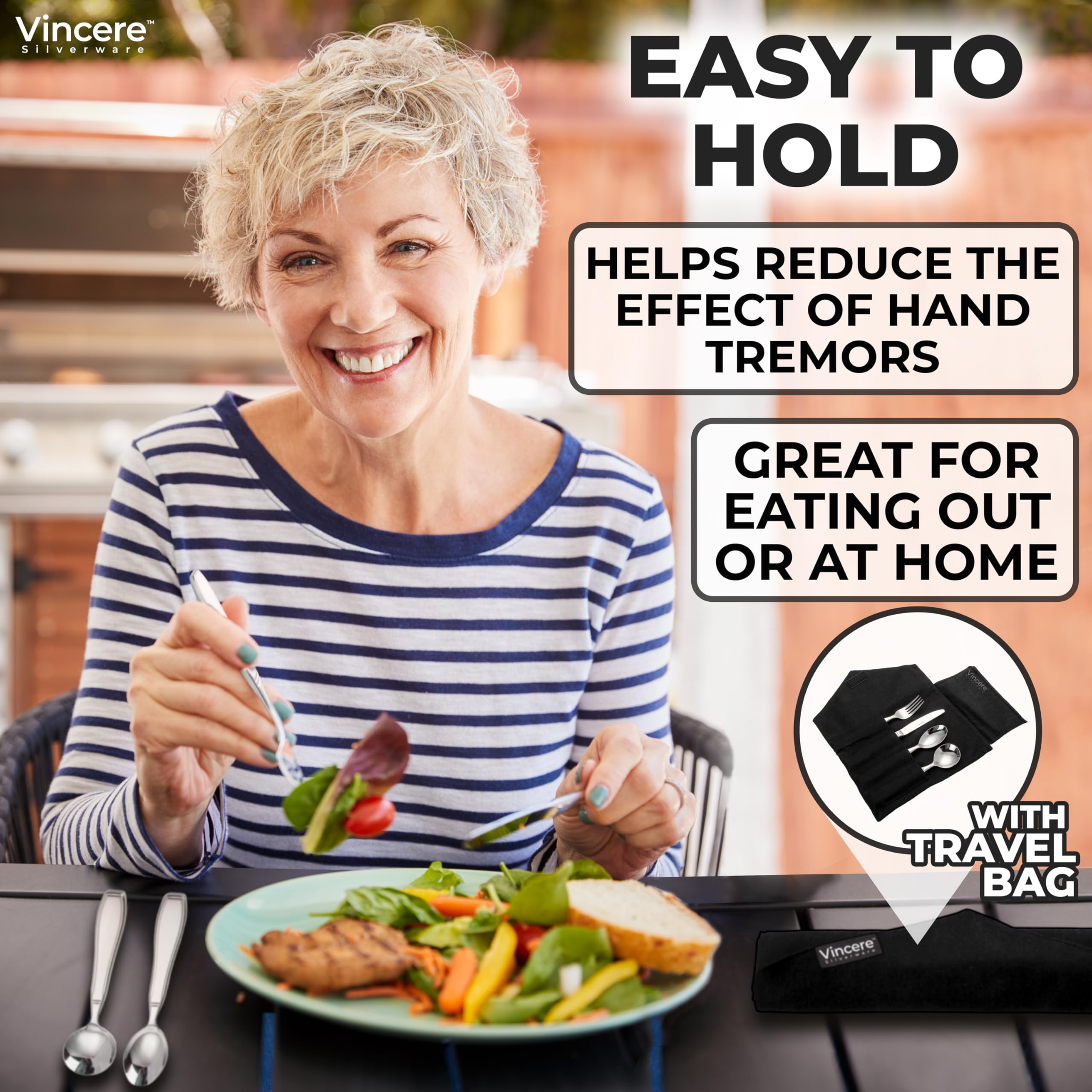 Weighted Utensils for Tremors & Parkinson's - Heavy Stainless Steel Adaptive Silverware Set (7oz) - Helps with Hand Tremors, Parkinson's & Arthritis - Includes Knife, Fork & Spoons - Ideal for Easier Eating & Independent Living