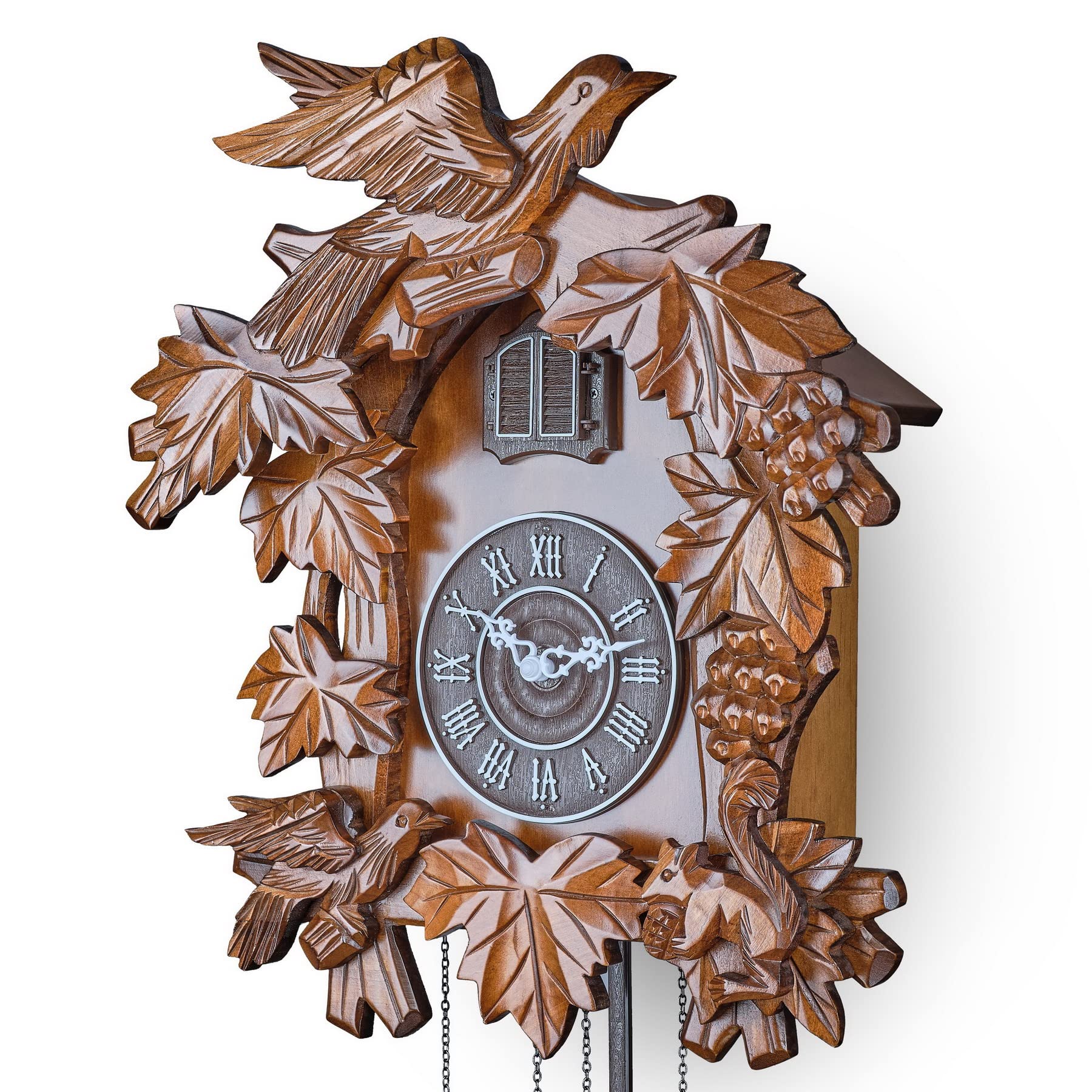 TIMEGEAR Cuckoo Clock with Automatic Night Mode - Hand Carved Wooden Wall Clock - Perfect for Living Room, Bedroom & Office Decor