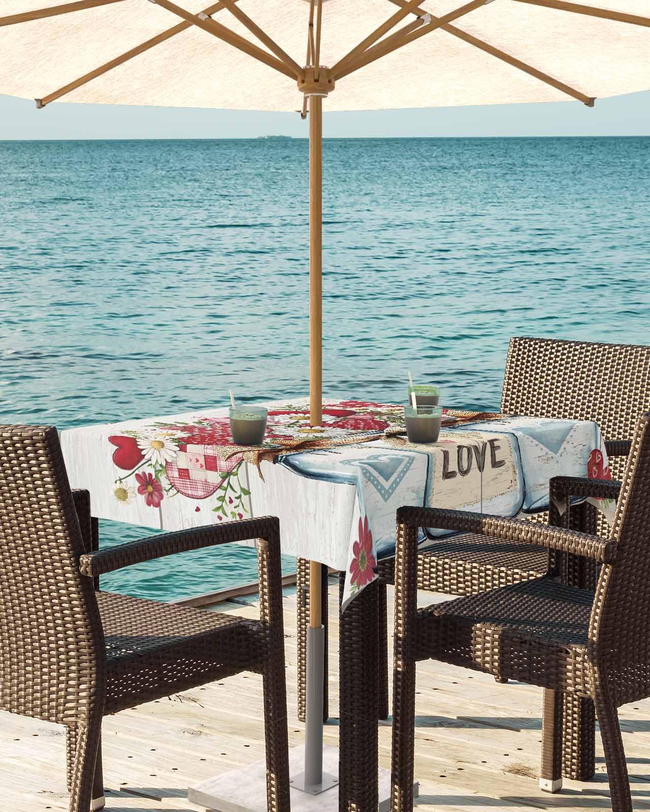 Valentine's Day Waterproof Spillproof Tablecloth with Umbrella Hole & Zipper - Romantic Daisy Print Outdoor Dining Table Cover for Picnic, Patio, Party & Dinner - Fits Rectangle Tables with Vase & Heart Decorations - Perfect for Romantic Dates, Garden Parties & Outdoor Celebrations