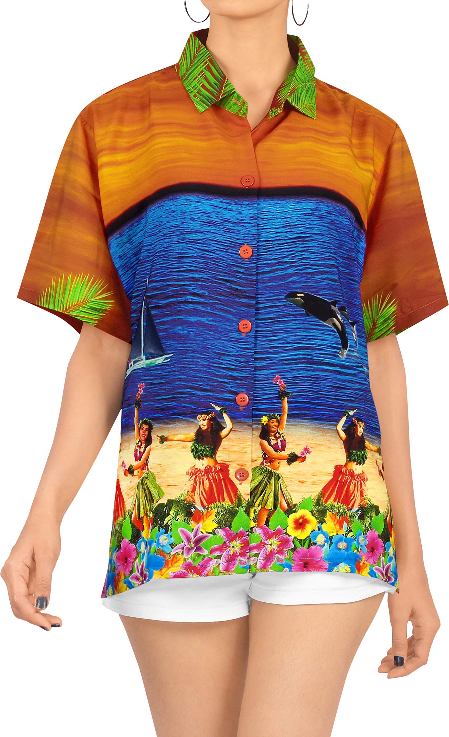 LA LEELA Women's Hawaiian Button Up Blouse - Floral Print Overshirt for Beach Vacation & Summer Outfits