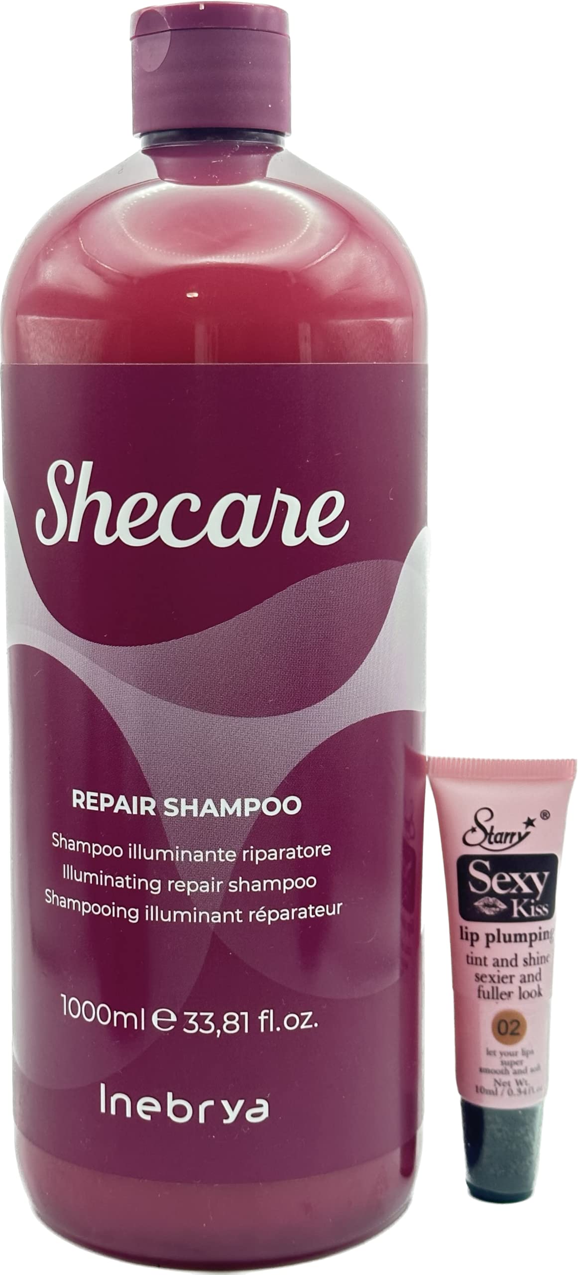 Inebrya Ice Cream Shecare Duo: Reconstructor Shampoo & Mask Set (33.8oz Each) with Free Starry Lip Plumping Gloss (10ml) - Hydrating Hair Care for Damaged & Color-Treated Hair at Home Salon