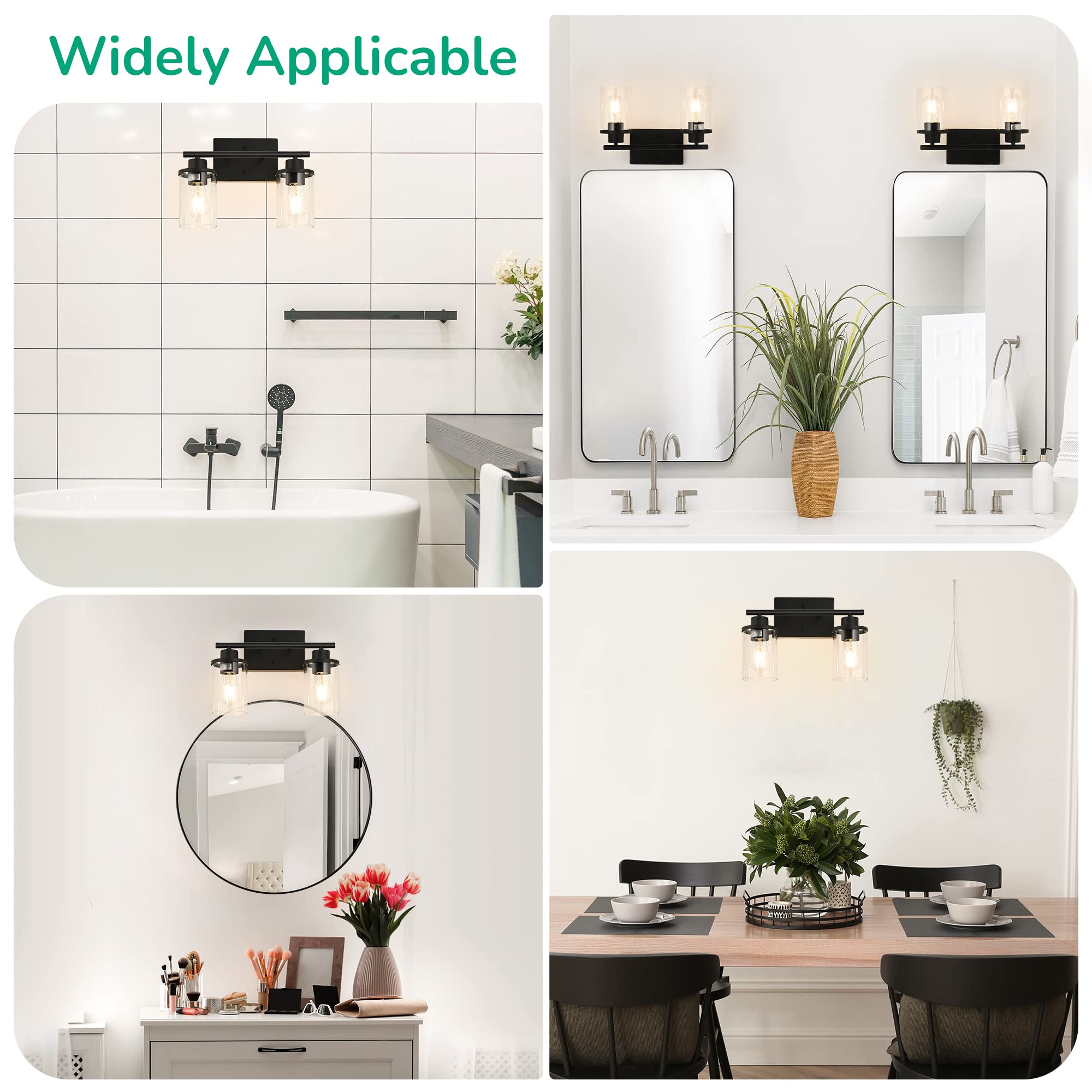 EDISHINE 2-Light Bathroom Vanity Light Fixture with Clear Glass Shades, Matte Black Vintage Wall Sconce - E26 Base (Bulbs Not Included) - Perfect for Bathroom, Bedroom, Living Room & Hallway Lighting