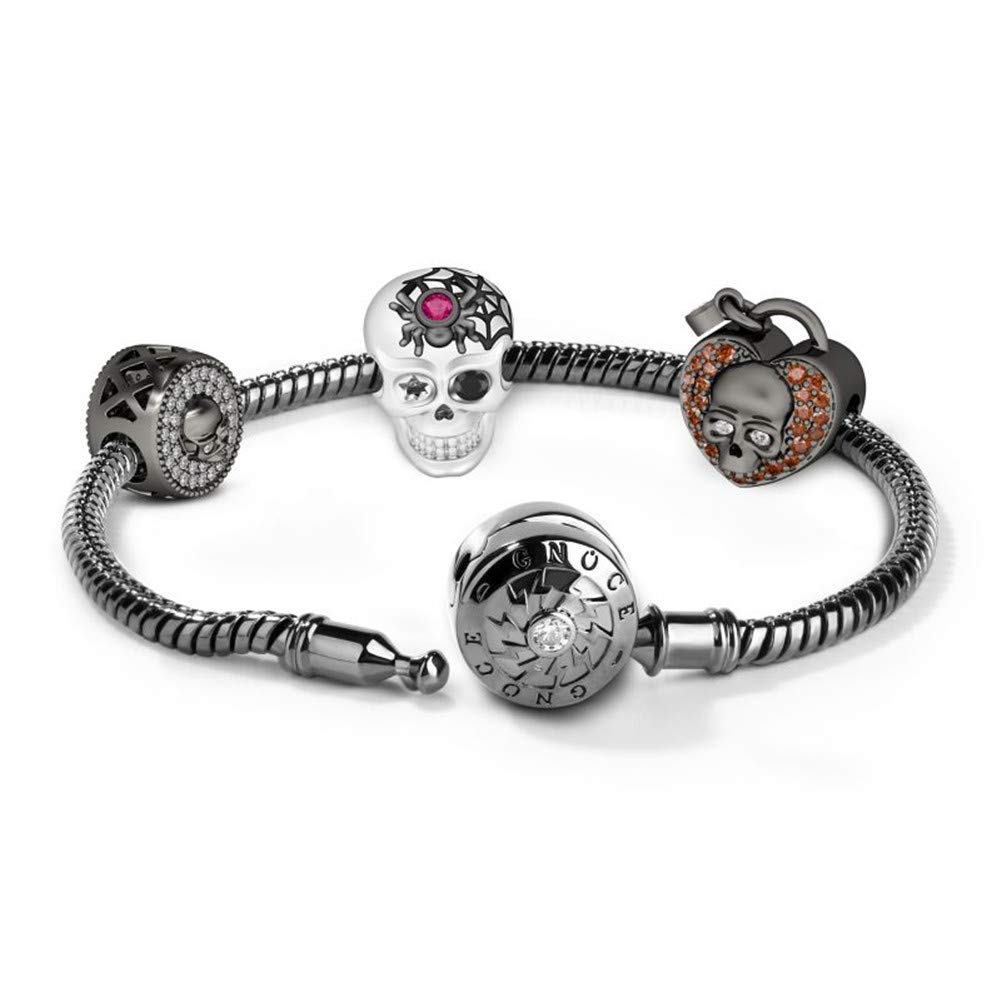 GNOCE Sterling Silver Black Plated Snake Chain Charm Bracelet with 3 Unique Skull Charms - Gothic Jewelry for Halloween, Parties & Everyday Wear