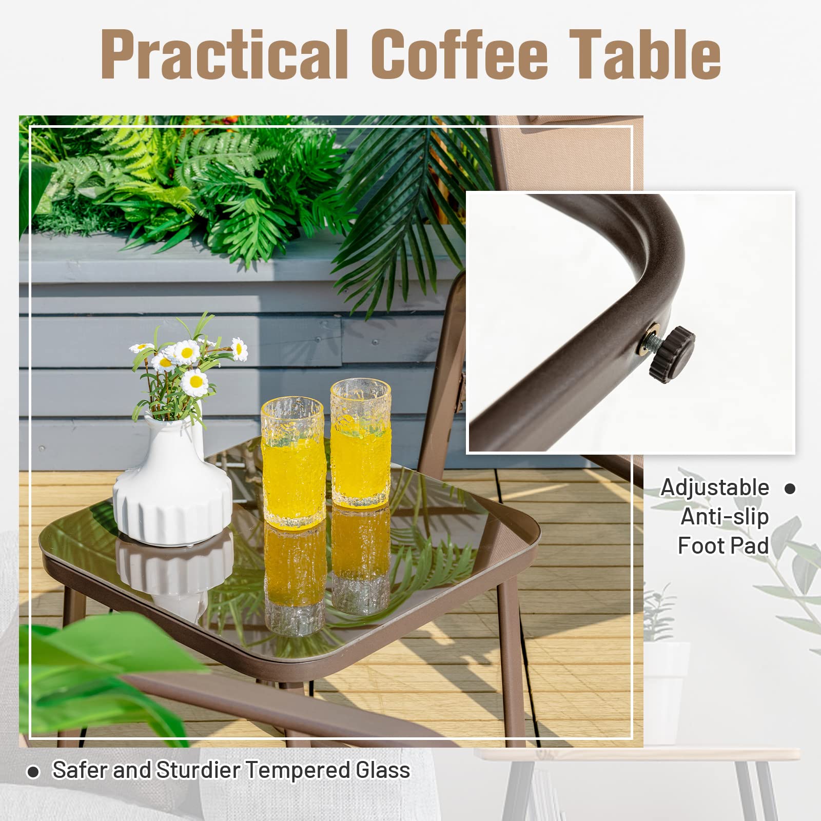 Giantex 3-Piece Outdoor Patio Bistro Set with Tempered Glass Coffee Table & 2 Stackable Chairs - Adjustable Backrest & Headrest - Brown Porch Furniture for Garden, Balcony, and Backyard Relaxation