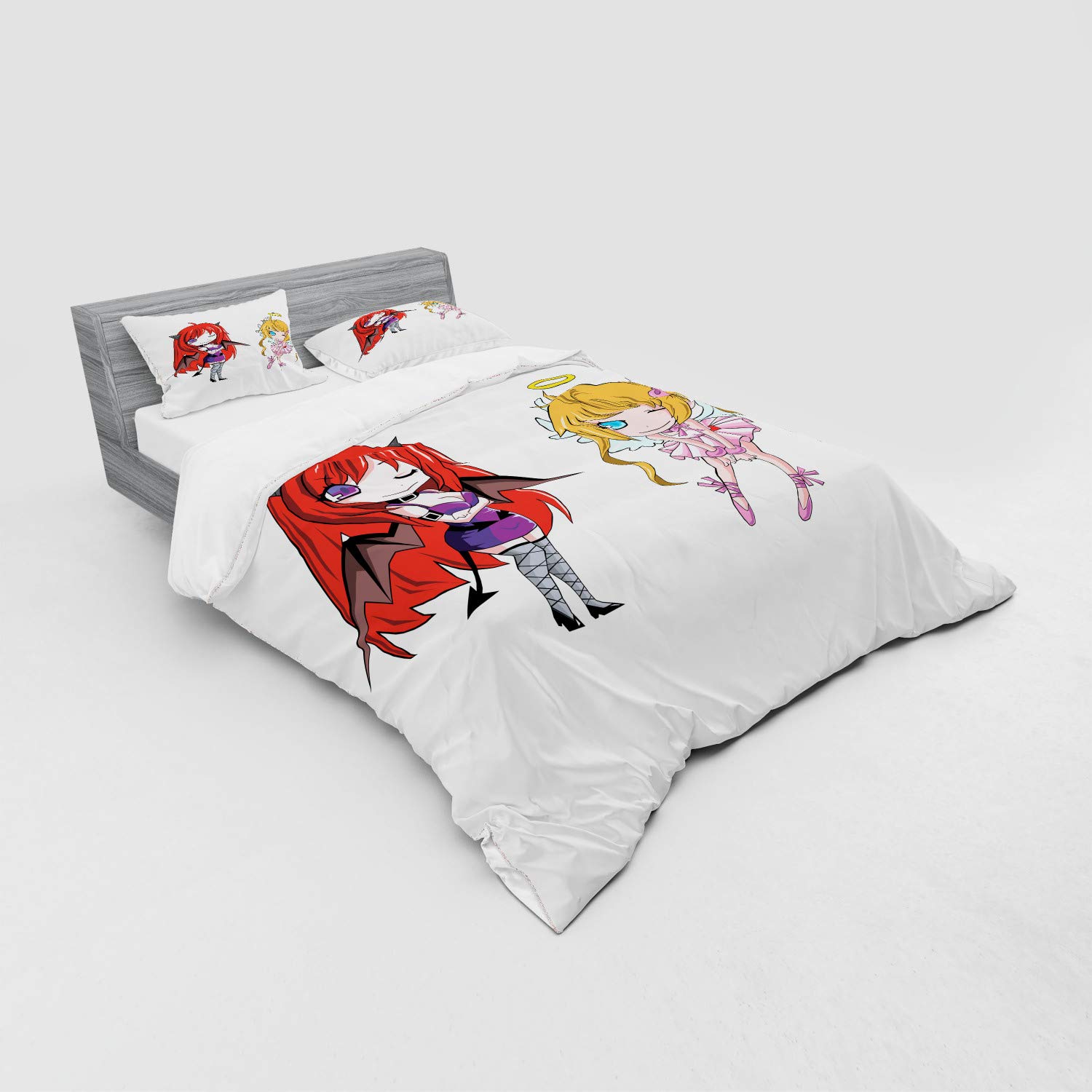 Ambesonne Anime Bedding Set - Angel Wings & Demon Horns Japanese Manga Duvet Cover | 4-Piece California King Set with Shams & Fitted Sheet | White Comic Art Print | Perfect for Anime Fans, Cosplay Enthusiasts & Manga Lovers' Bedrooms