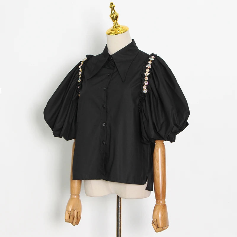 Stylish Black Casual Shirt for Women - Lapel Lantern Sleeve Patchwork Diamond Design Blouse | Perfect for Office, Dating & Everyday Wear