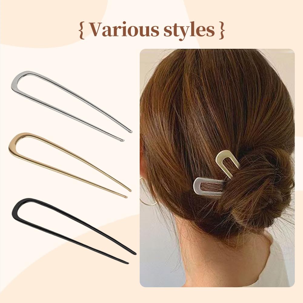 2024 Newest French Twist Hair Pins for Women - U-Shaped Metal Vintage Hair Sticks (Gold & Silver) | Elegant Updos, Bridal Hairstyles & Everyday Wear