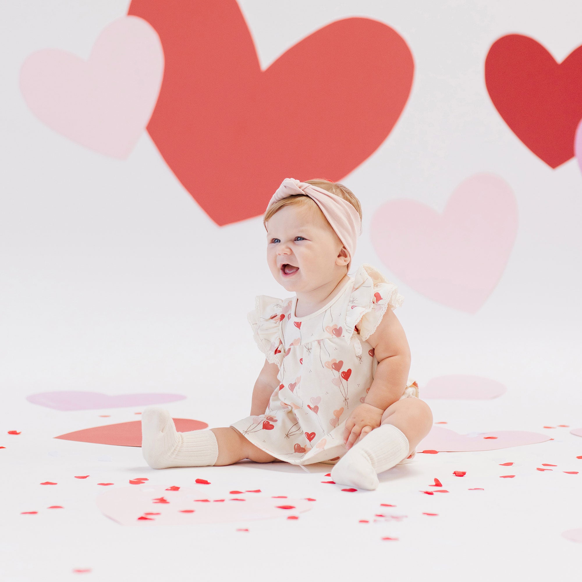 Elegant Flutter Sleeve Dress with Heart Balloons Print in Ivory - Perfect for Weddings, Parties & Special Occasions