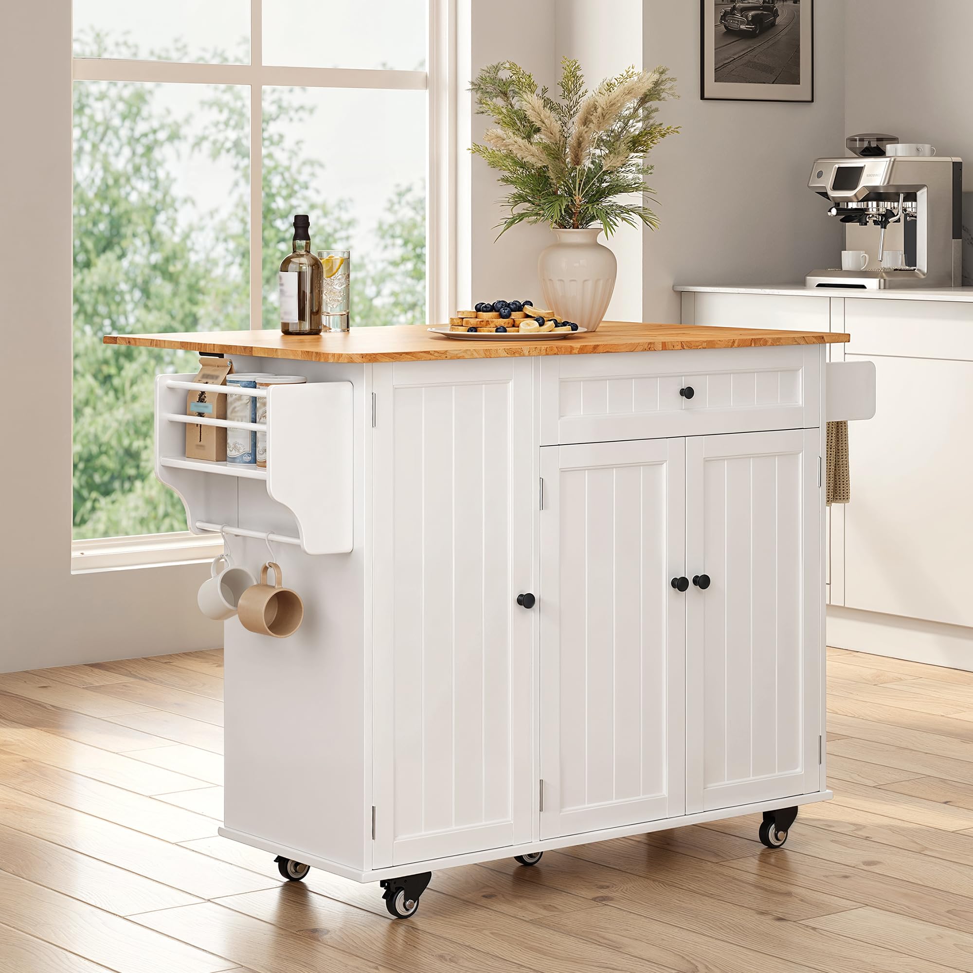 Ahomly Kitchen Island with Storage - White Drop Leaf Table with 5 Wheels, Internal Storage Rack, Drawer, Spice Rack & Towel Bar - Perfect for Small Kitchens, Dining Prep & Extra Counter Space