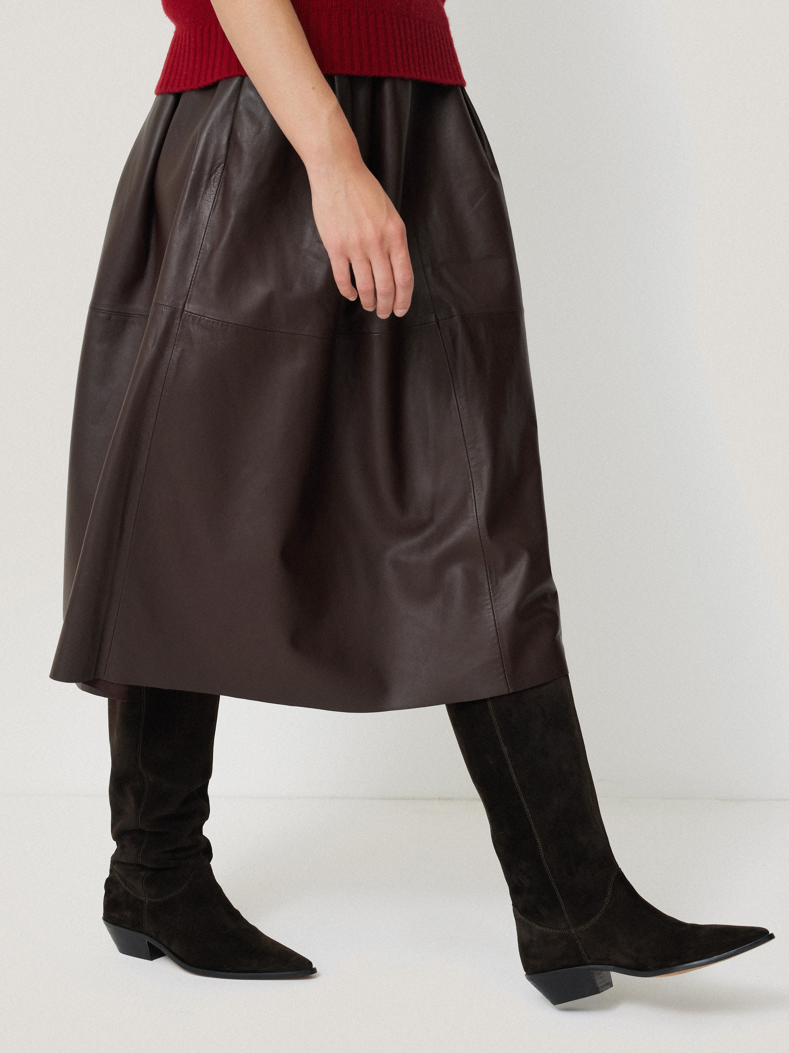 Brown Leather Pleat Midi Skirt for Women - Elegant A-Line Knee-Length Skirt with Side Pockets | Perfect for Office, Dating & Fall Fashion Outfits