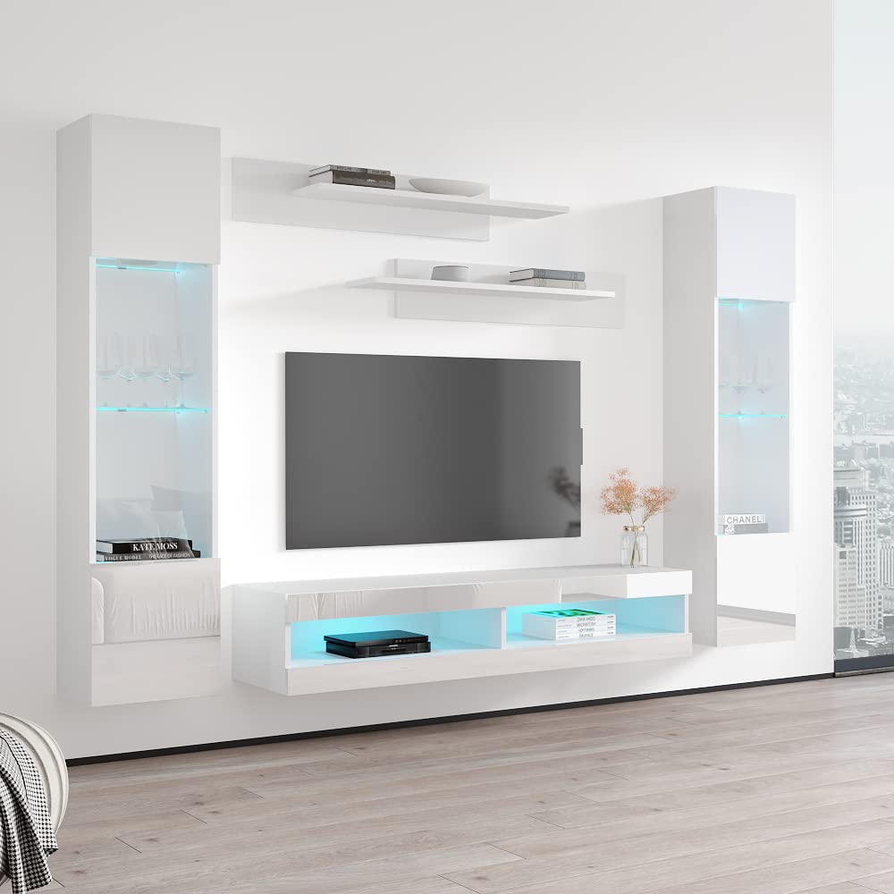 Modern Floating TV Stand with Storage & LED Lights - Wall-Mounted Entertainment Center Console for Bedroom & Living Room - White TV Cabinet with Shelves (Perfect for Small Spaces & Home Theater Setup)