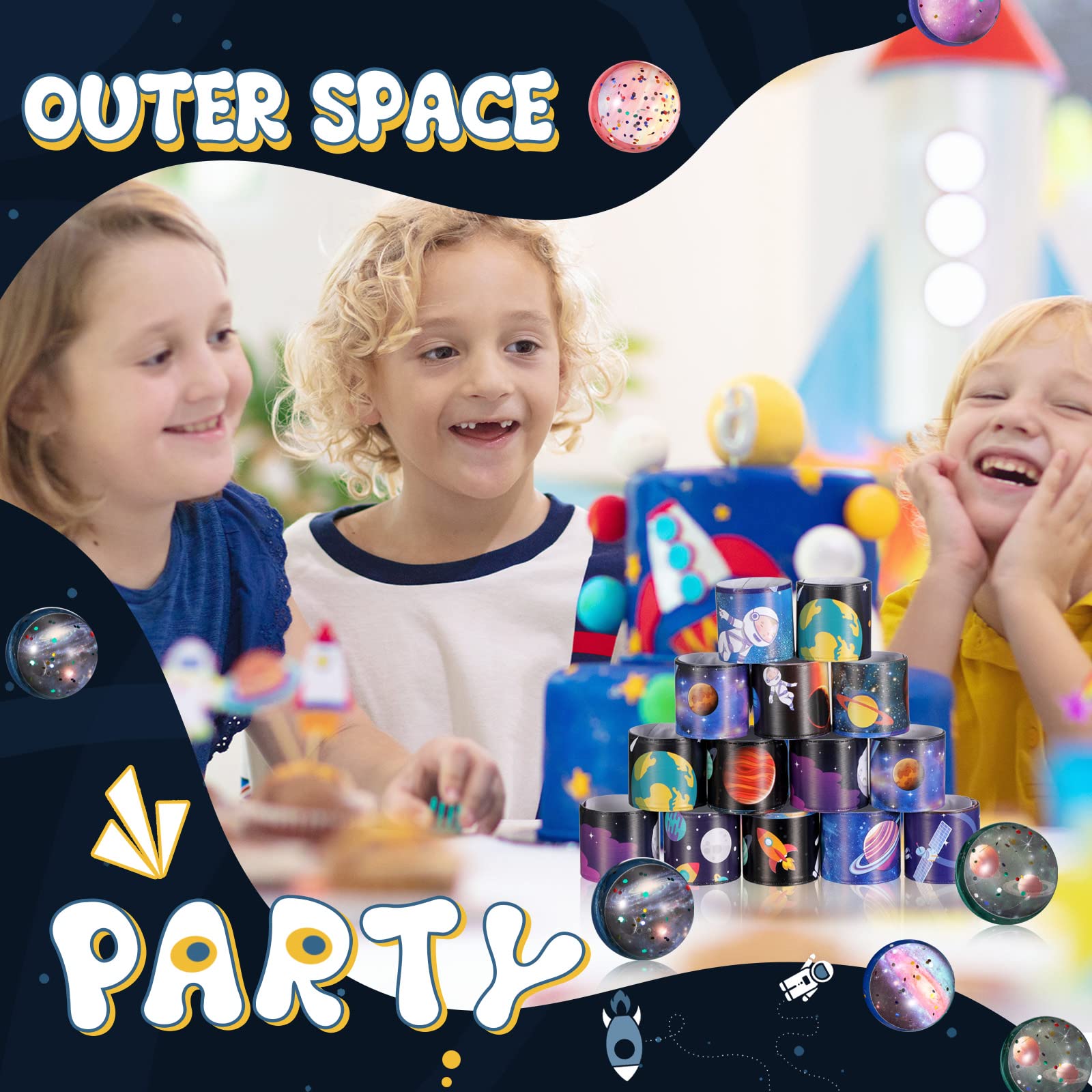 32-Piece Space Party Favors Set - 16 Galaxy Slap Bracelets & 16 Rubber Bouncy Balls for Outer Space Birthday, Classroom Rewards, Goodie Bag Fillers & Kids' Party Supplies