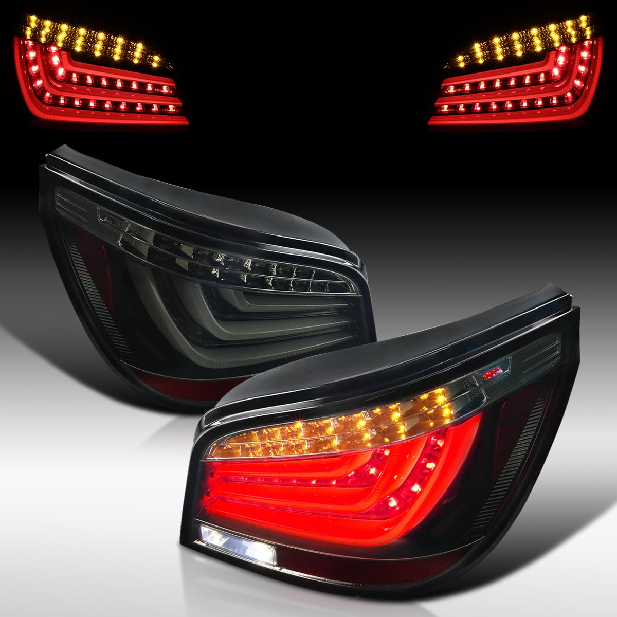 AUTOZENSATION LED Tail Lights for 2008-2010 BMW E60 5-Series 4-Door Sedan - Glossy Black Smoke Left & Right Pair Assembly - Enhanced Visibility & Style Upgrade for Night Driving