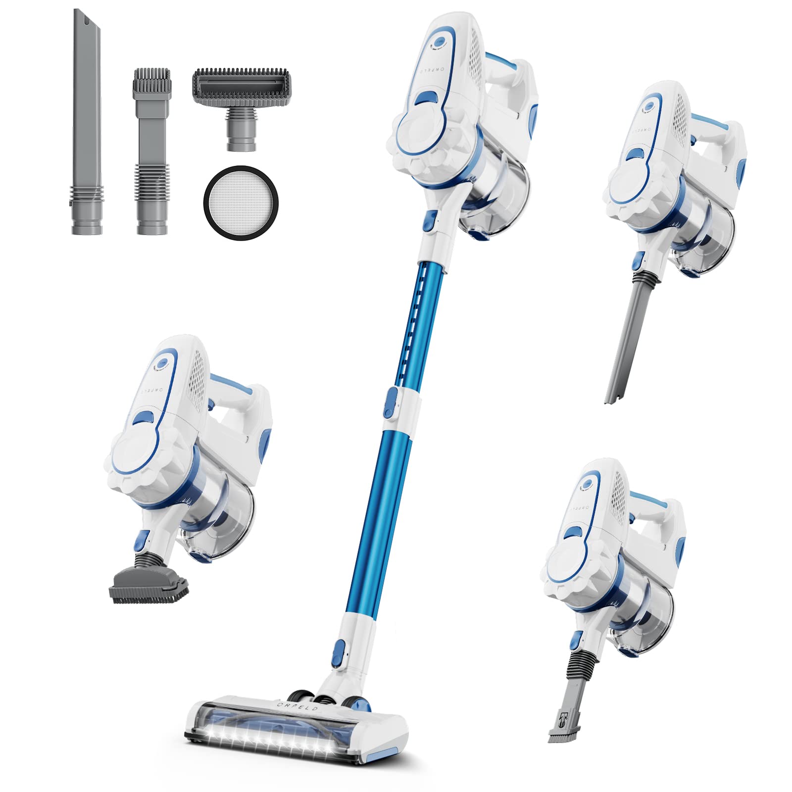 ORFELD 8-in-1 Cordless Stick Vacuum Cleaner with 35min Runtime - Powerful Suction for Hardwood Floors & Carpets - 11 LED Headlights - Lightweight for Pet Hair Cleaning - Ideal for Home, Office & Car Use