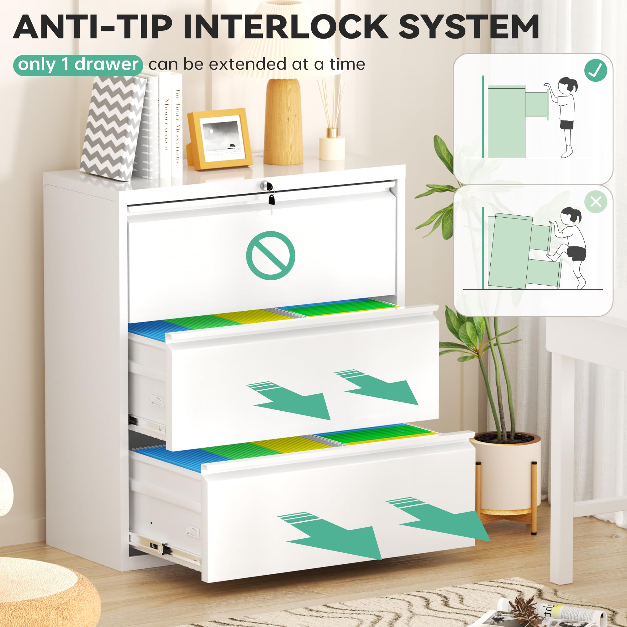 Bonusall 3-Drawer Locking Lateral File Cabinet - White Metal Office Storage with Keys for Documents, Folders & Supplies | Perfect for Home Office, Business & School Organization