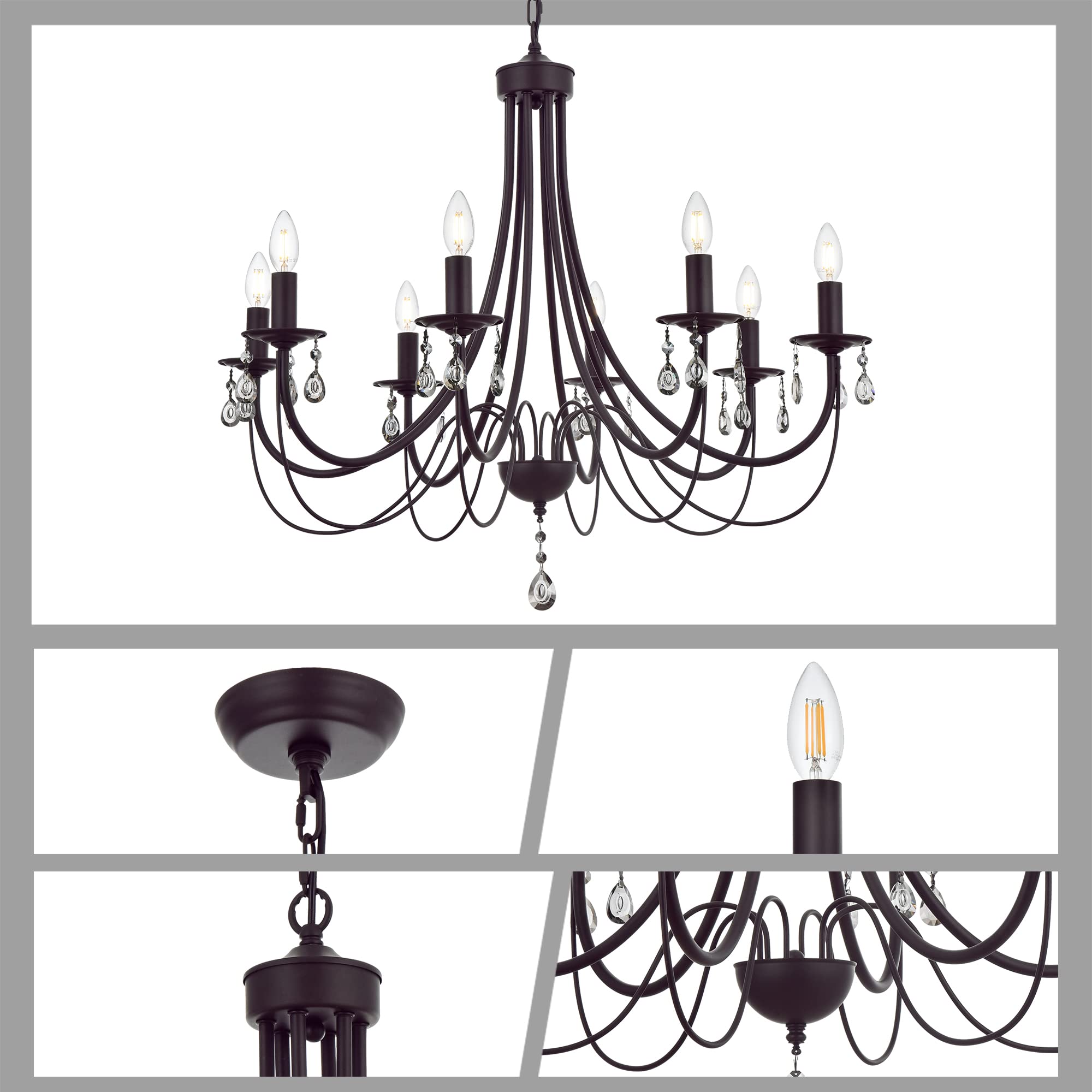 Farmhouse Chandelier 8-Light Oil Rubbed Bronze Pendant Light Fixture - Modern Crystal Ceiling Lighting for Dining Room, Kitchen Island & Entryway - Rustic Elegant Home Decor
