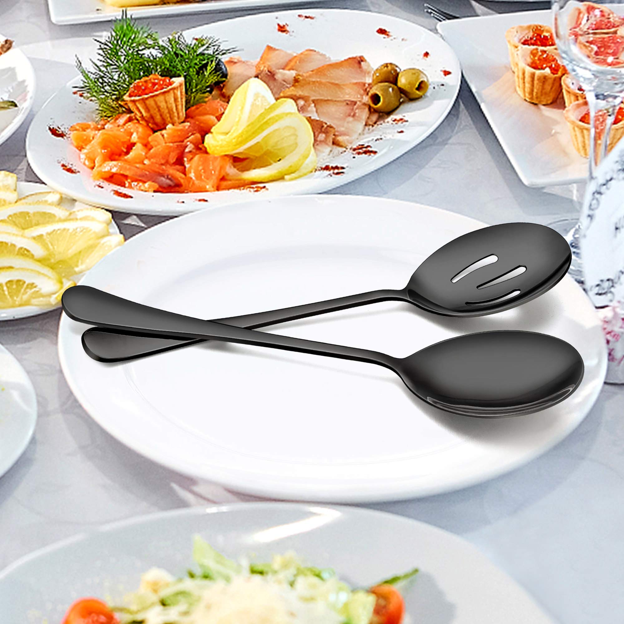 LIANYU 6-Piece Stainless Steel Serving Spoon and Fork Set - 8.75 Inch Black Buffet Utensils for Catering, Party & Banquet | Dishwasher Safe | Perfect for Weddings, BBQs, and Dinner Parties