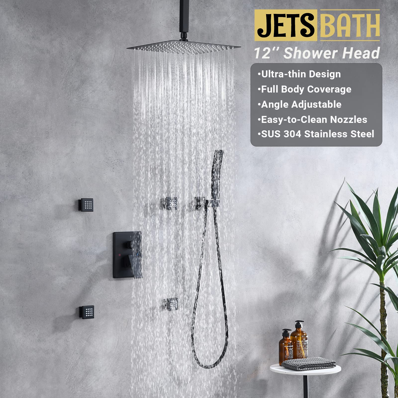 JetsBath 12'' Ceiling Rain Shower System with Handheld Shower Head - Matte Black Full Body Shower Set with Adjustable Spray Jets (JB3412C-MB) - Perfect for Luxurious Spa-Like Bathroom Experience and Modern Home Renovation